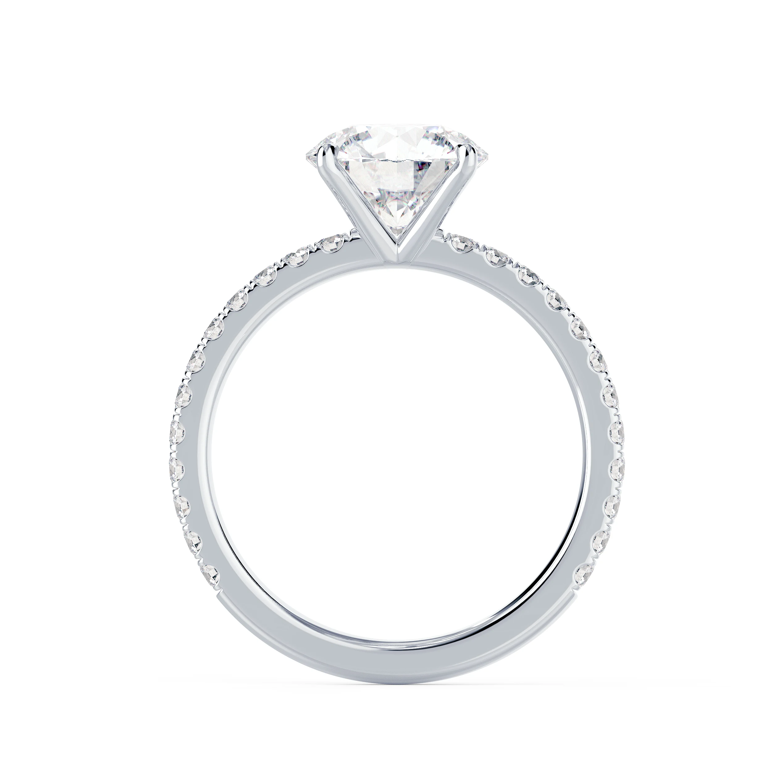 Exceptional Quality Man Made Diamonds Round Classic Four Prong Pavé Setting in White Gold (Profile View)