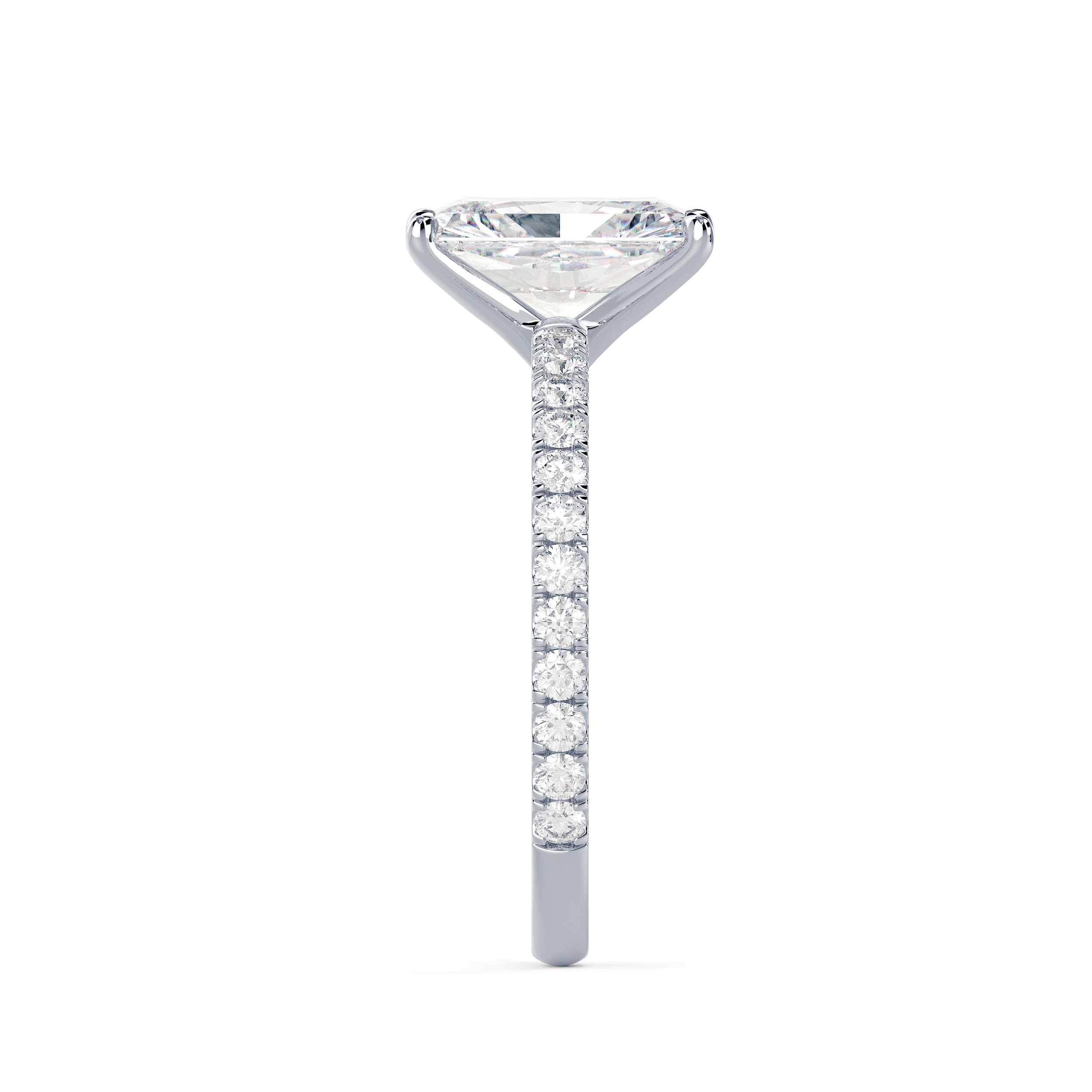 Exceptional Quality Lab Diamonds set in White Gold Radiant Classic Four Prong Pavé Setting (Side View)