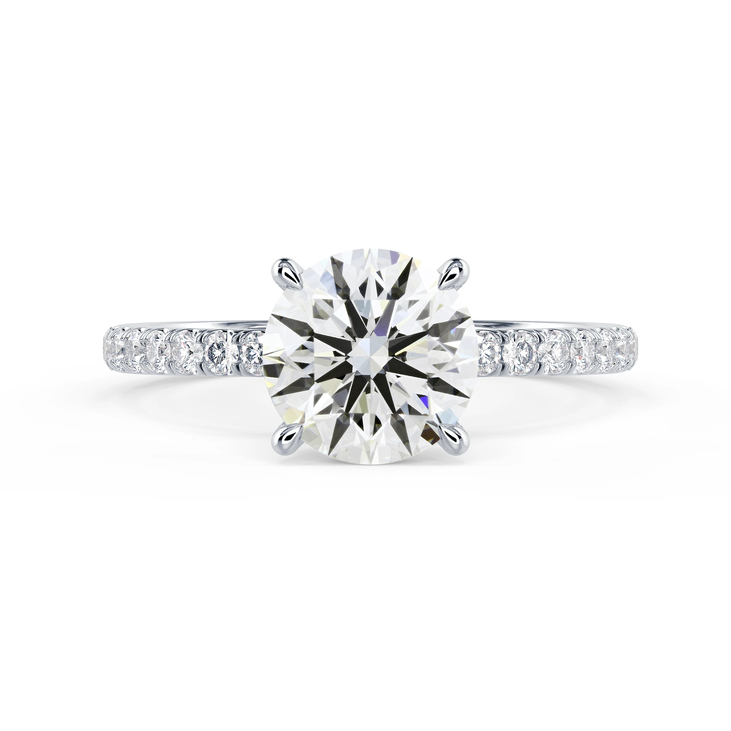 White Gold Round Petite Four Prong Pavé Diamond Engagement Ring featuring High Quality Lab Created Diamonds (Main View)