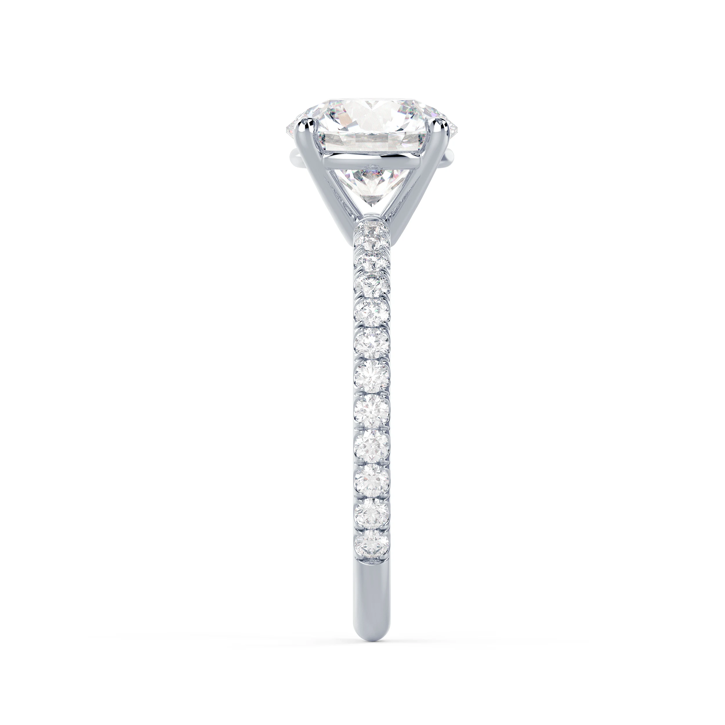 Hand Selected Lab Grown Diamonds Round Petite Four Prong Pavé Diamond Engagement Ring in White Gold (Side View)