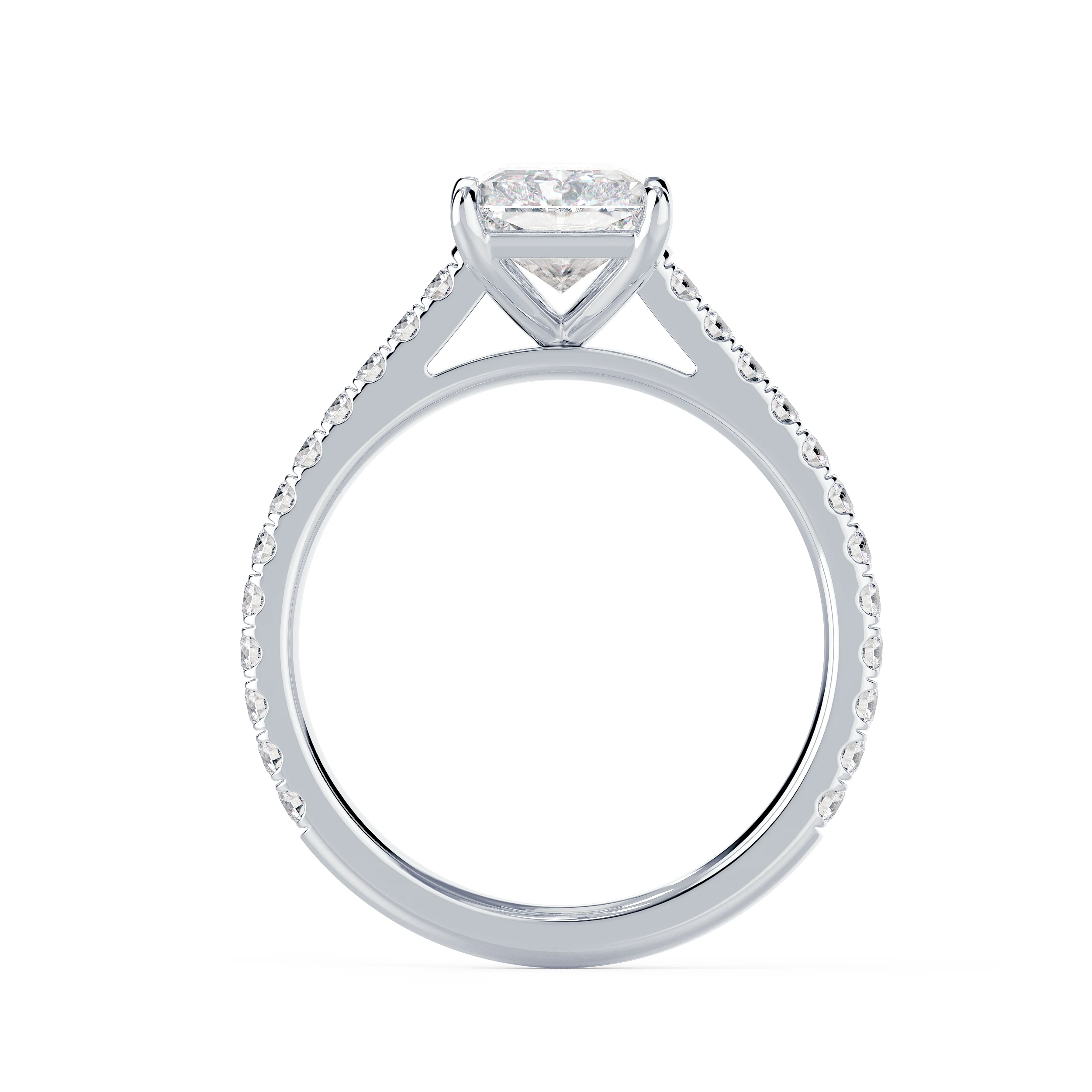 Synthetic Diamonds Radiant Cathedral Pavé Diamond Engagement Ring in White Gold (Profile View)