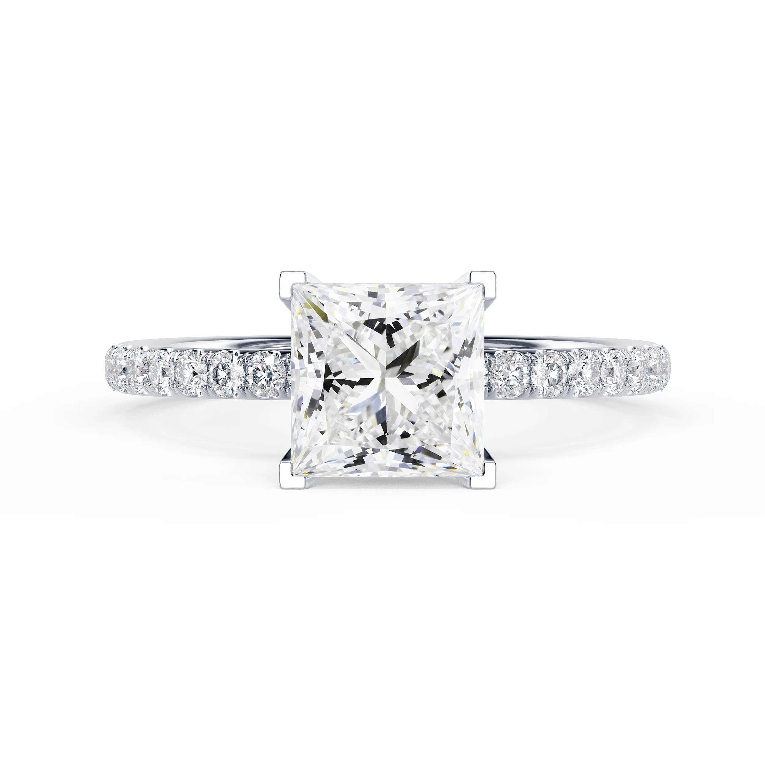 Man Made Diamonds Princess Petite Four Prong Pavé Diamond Engagement Ring in White Gold (Main View)