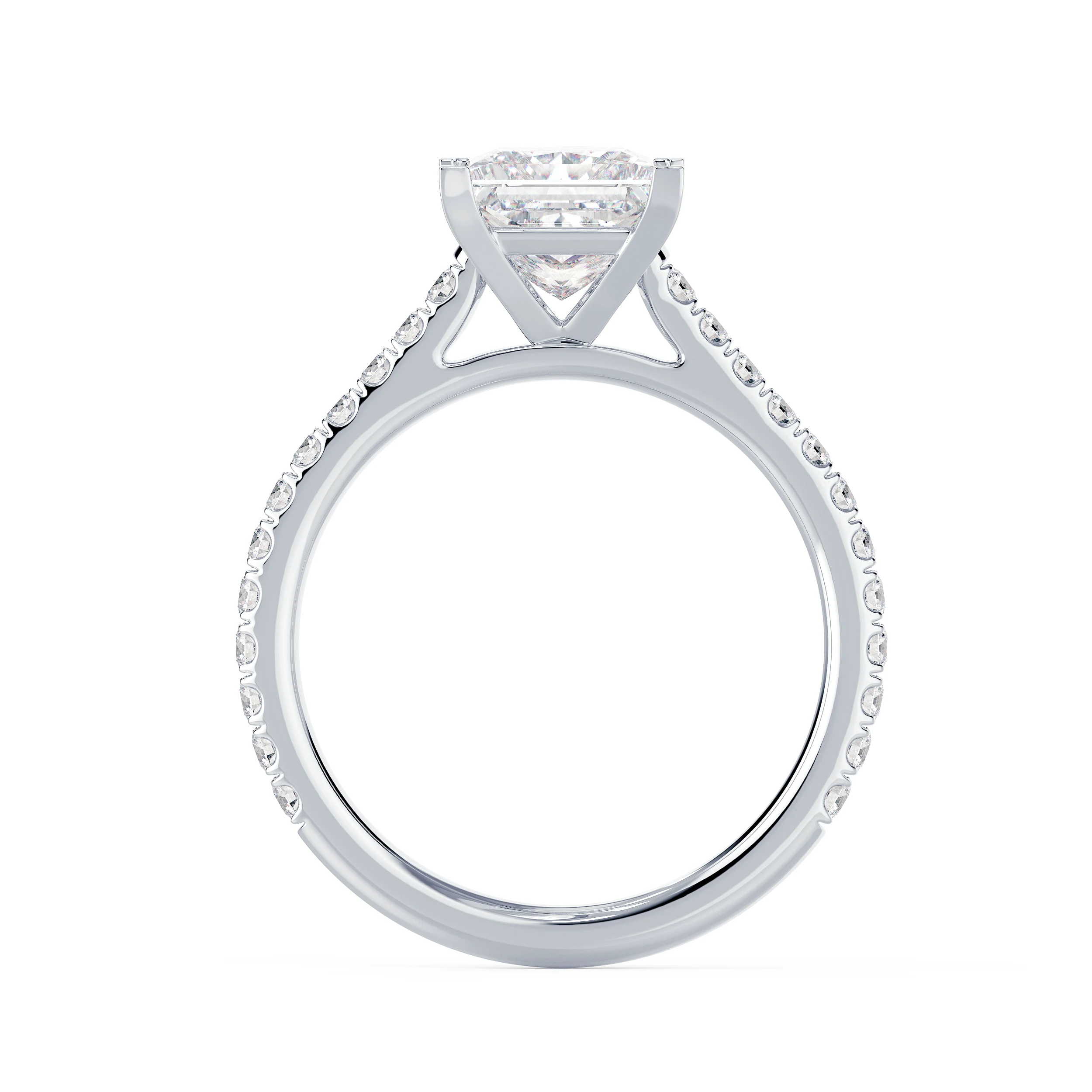 White Gold Princess Cathedral Pavé Setting featuring Synthetic Diamonds (Profile View)
