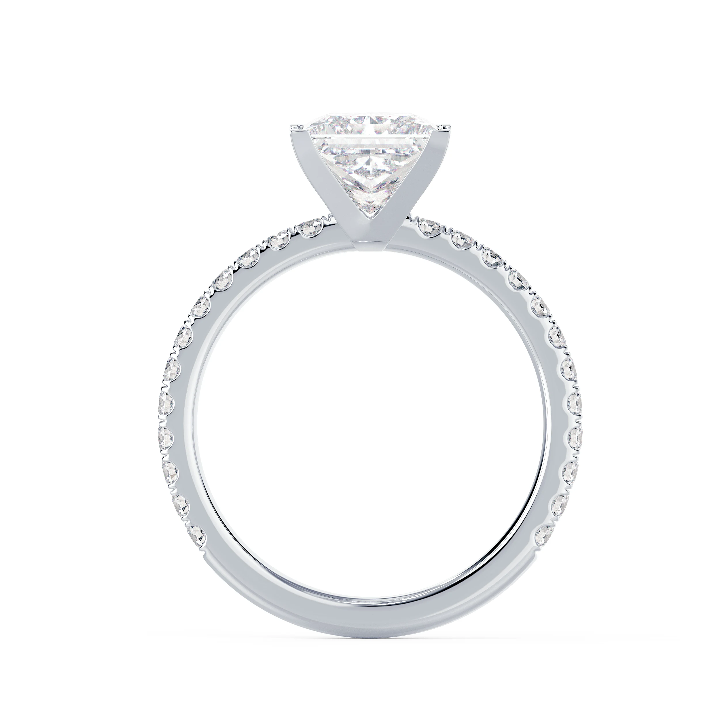 Exceptional Quality Man Made Diamonds Princess Classic Four Prong Pavé Setting in White Gold (Profile View)