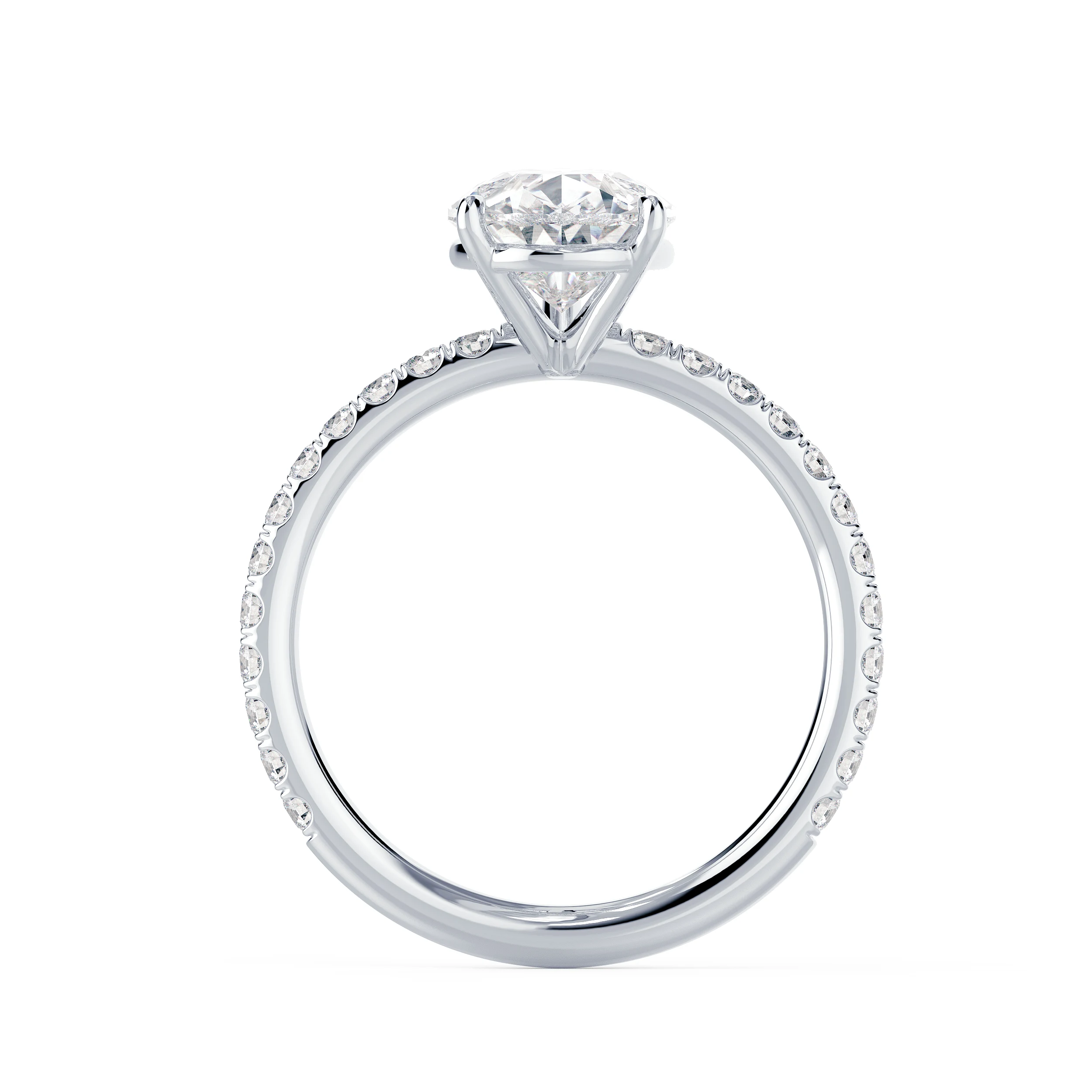 Synthetic Diamonds Pear Petite Pavé Diamond Engagement Ring in White Gold (Profile View)