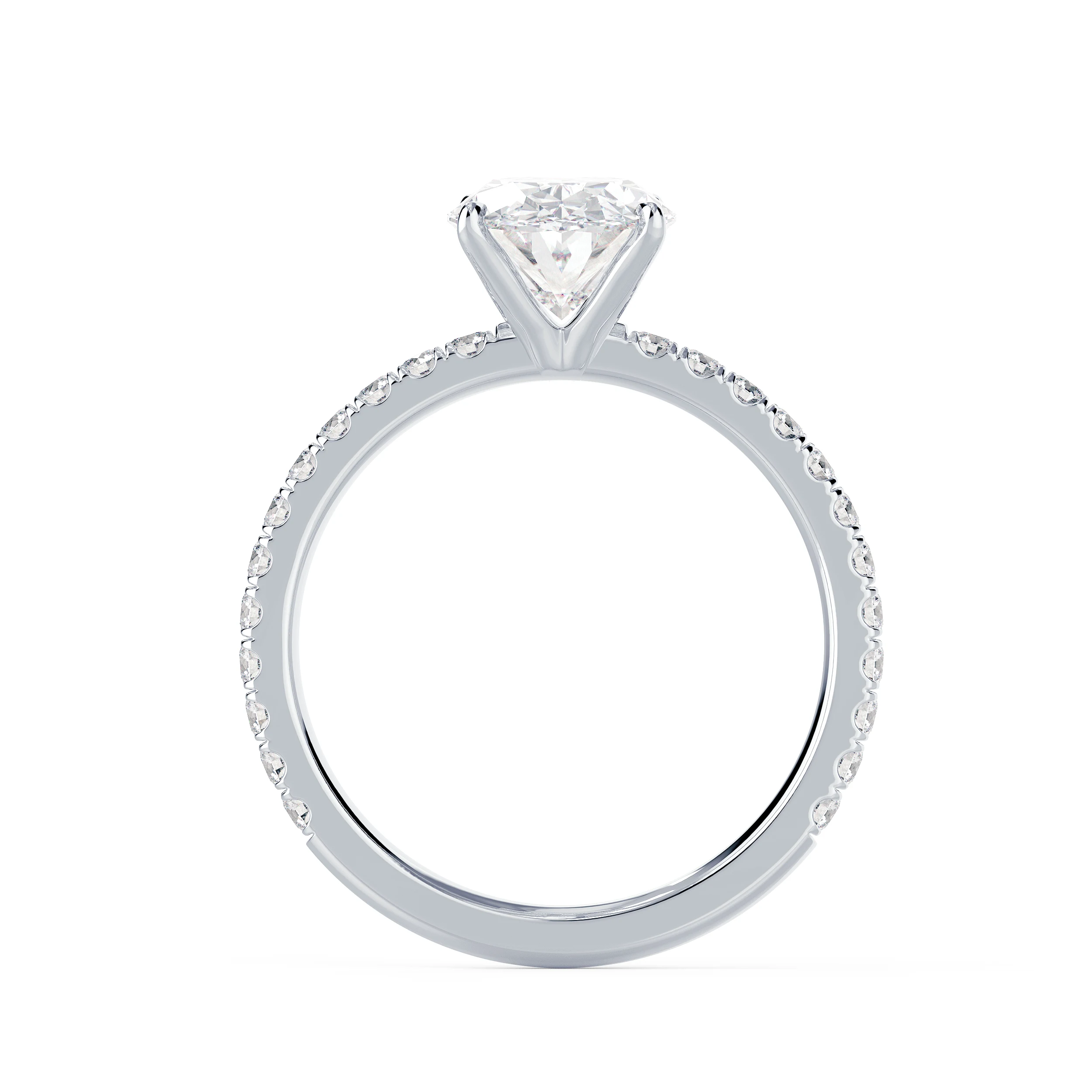 White Gold Oval Classic Four Prong Pavé Diamond Engagement Ring featuring Lab Created Diamonds (Profile View)