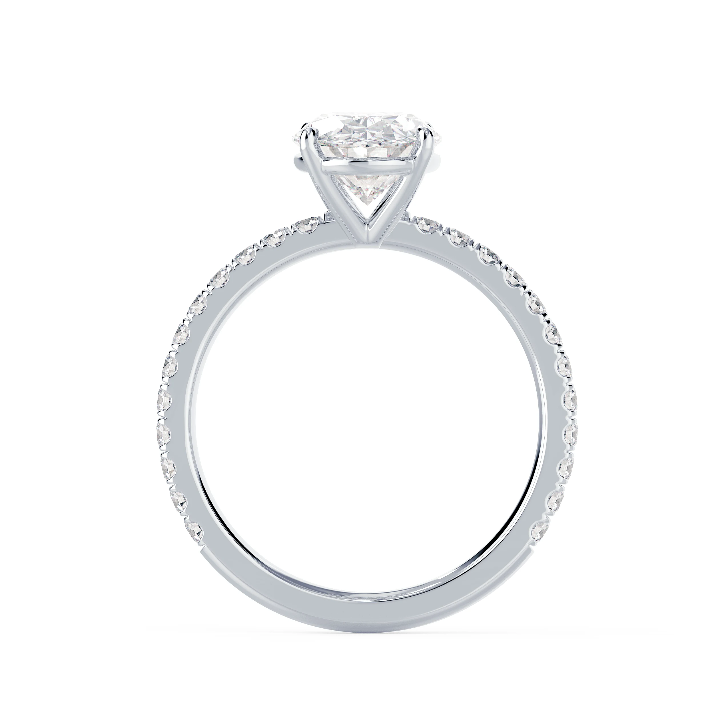 Man Made Diamonds Oval Petite Four Prong Pavé Diamond Engagement Ring in White Gold (Profile View)