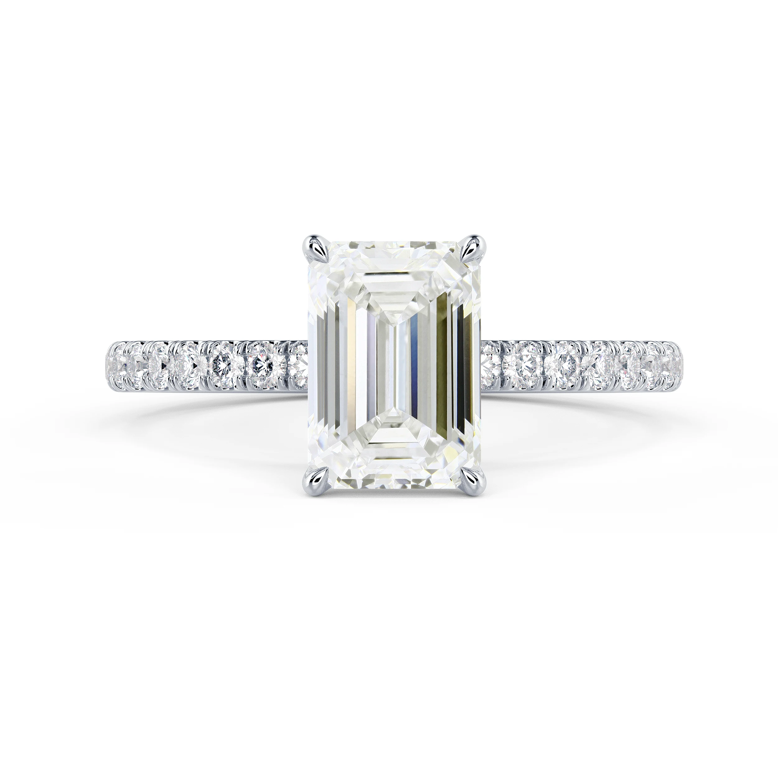 White Gold Emerald Petite Four Prong Pavé Diamond Engagement Ring featuring Synthetic Diamonds (Main View)