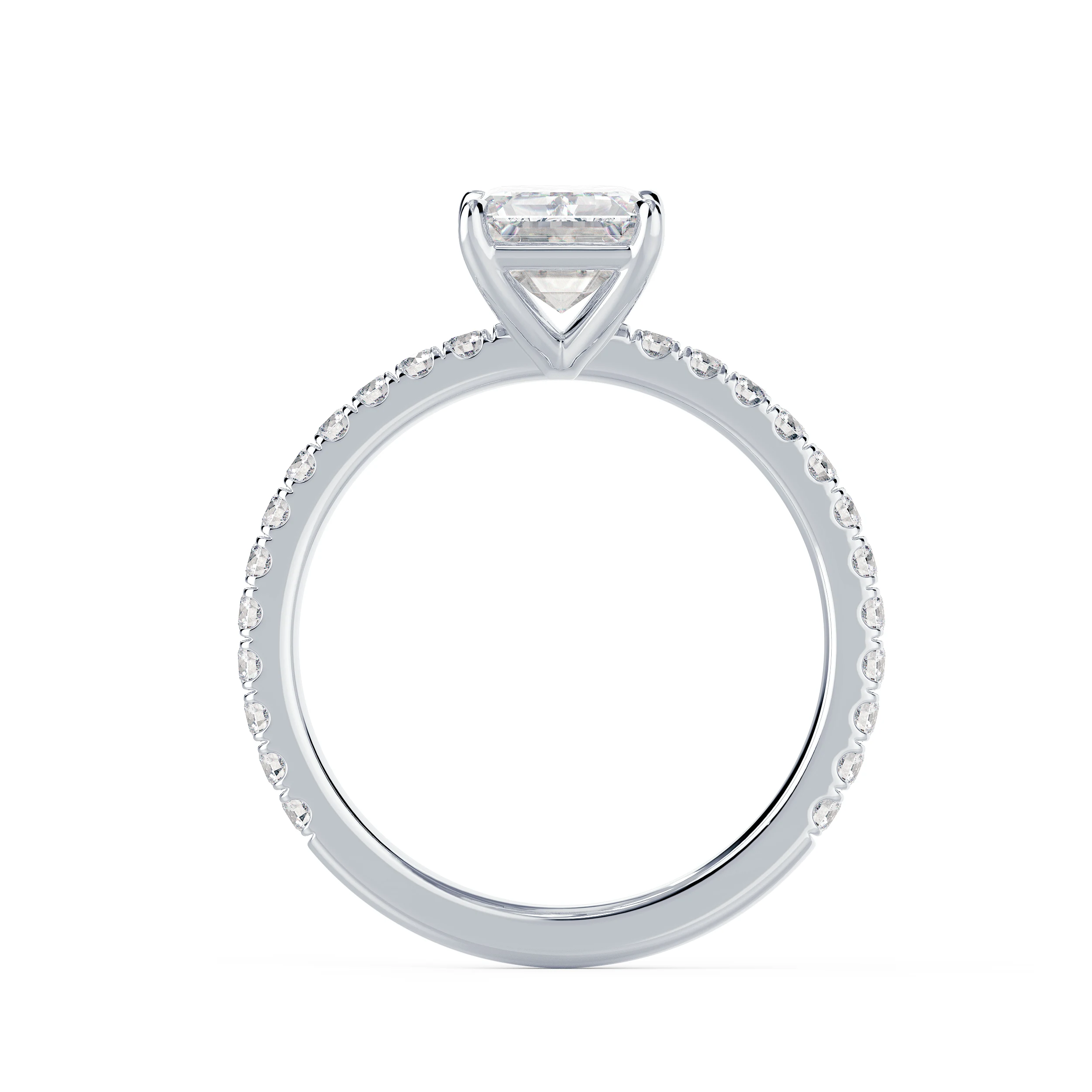 Diamonds set in White Gold Emerald Petite Four Prong Pavé Diamond Engagement Ring (Profile View)