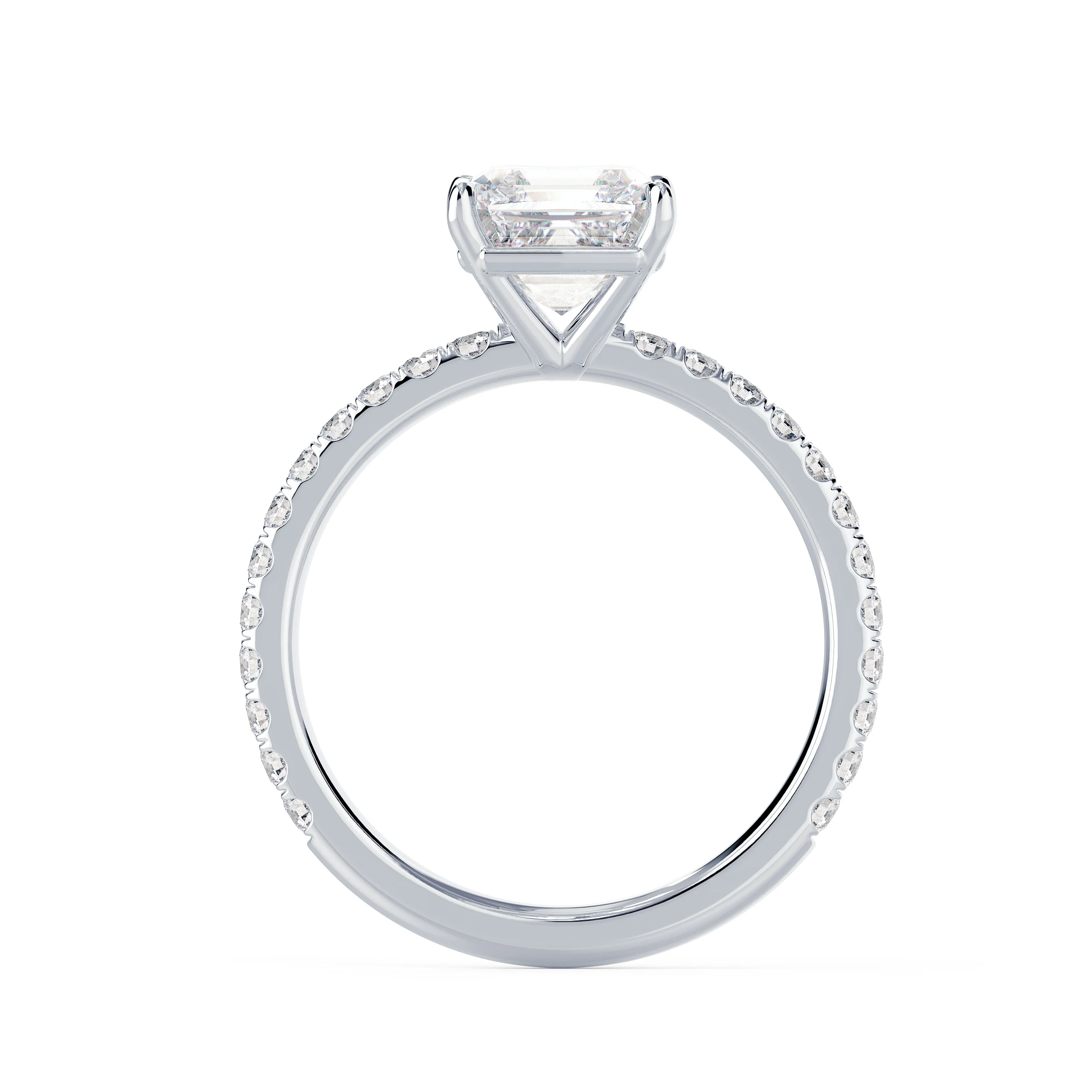 Man Made Diamonds set in White Gold Asscher Petite Four Prong Pavé Diamond Engagement Ring (Profile View)
