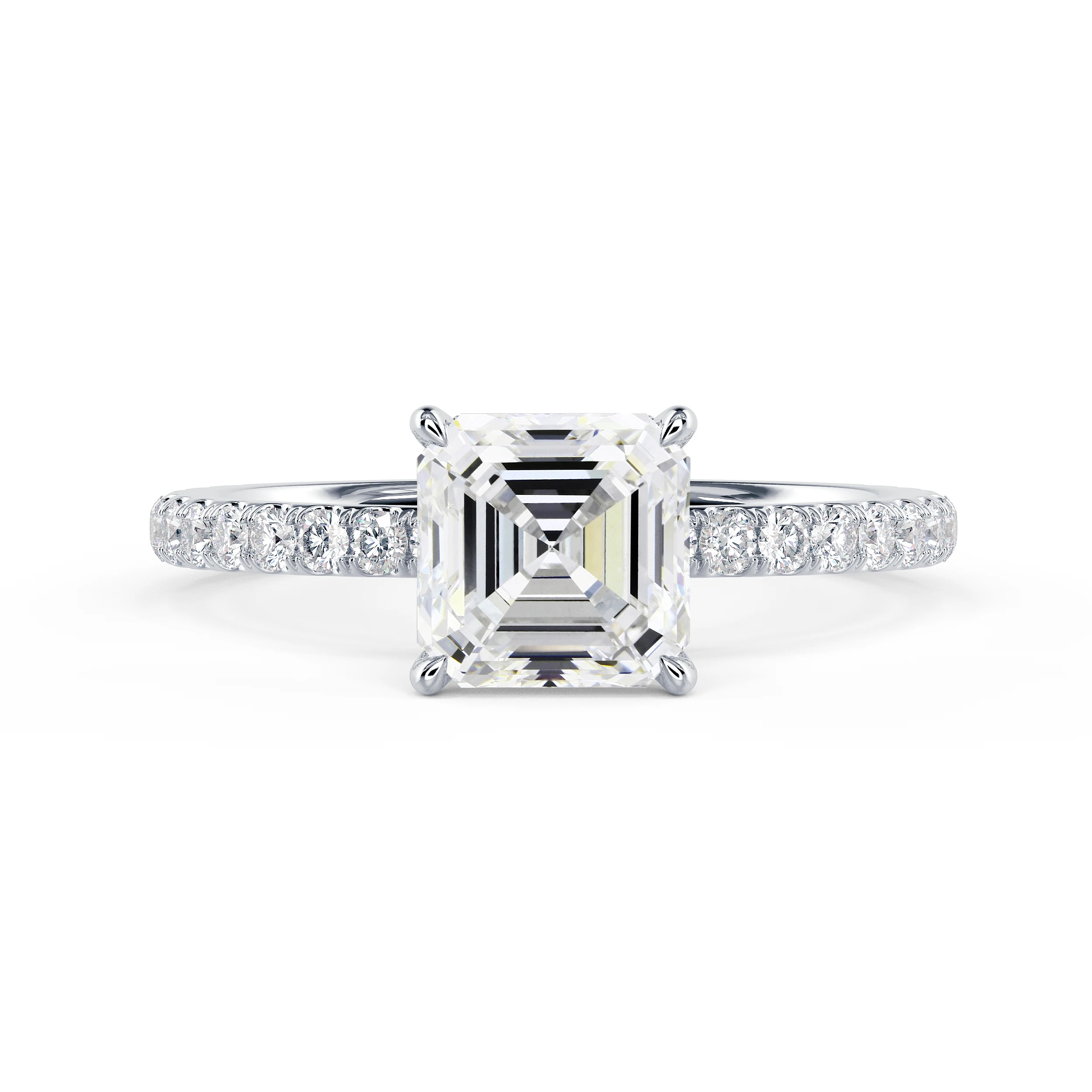 Exceptional Quality Diamonds set in White Gold Asscher Petite Four Prong Pavé Diamond Engagement Ring (Main View)