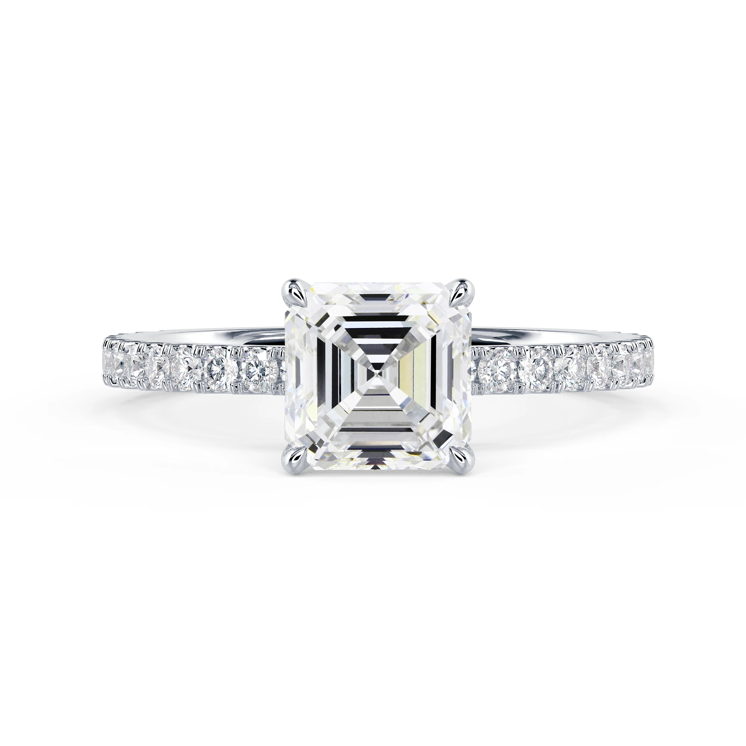 White Gold Asscher Classic Four Prong Pavé Diamond Engagement Ring featuring Man Made Diamonds (Main View)