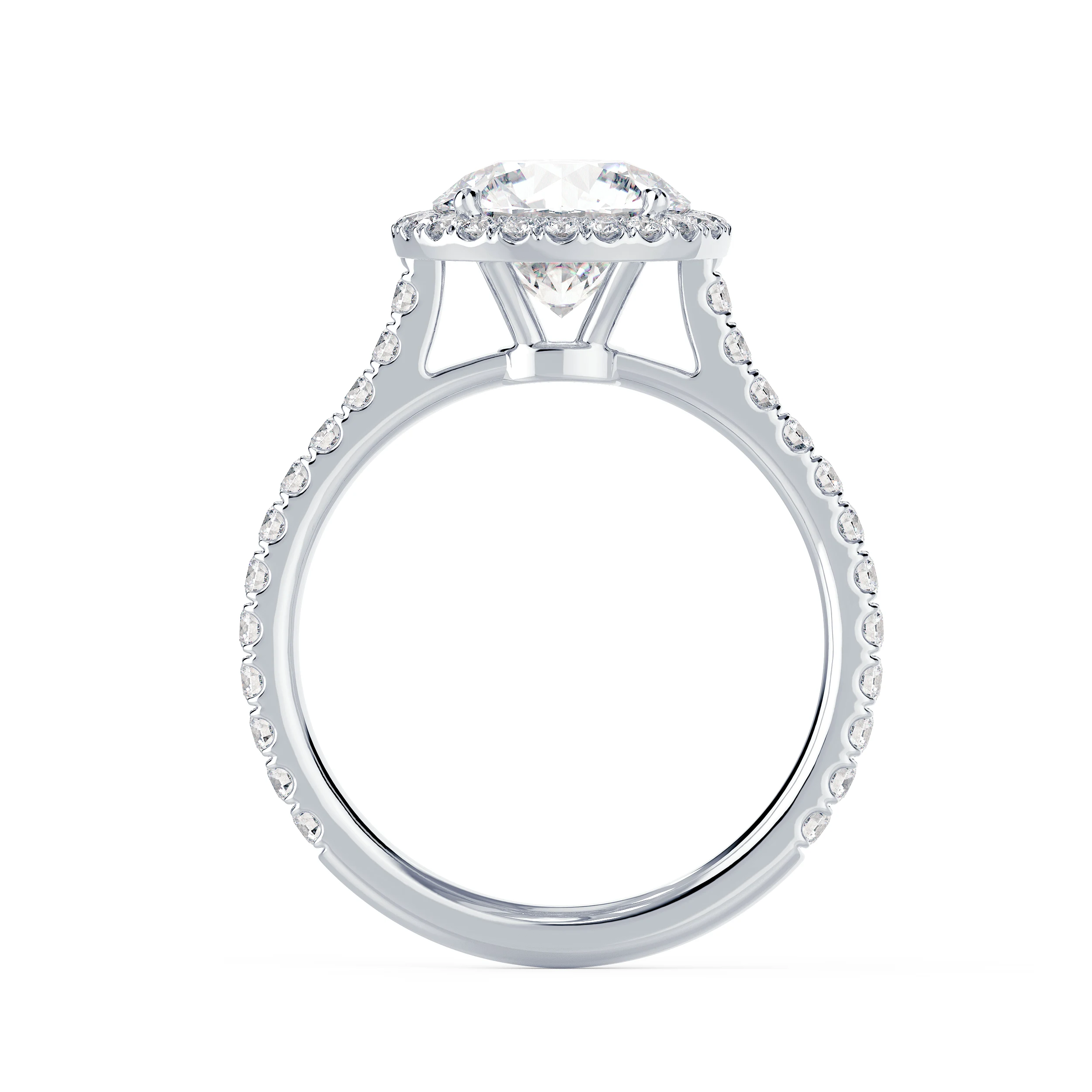Exceptional Quality Lab Created Diamonds Round Halo Pavé Setting in White Gold (Profile View)