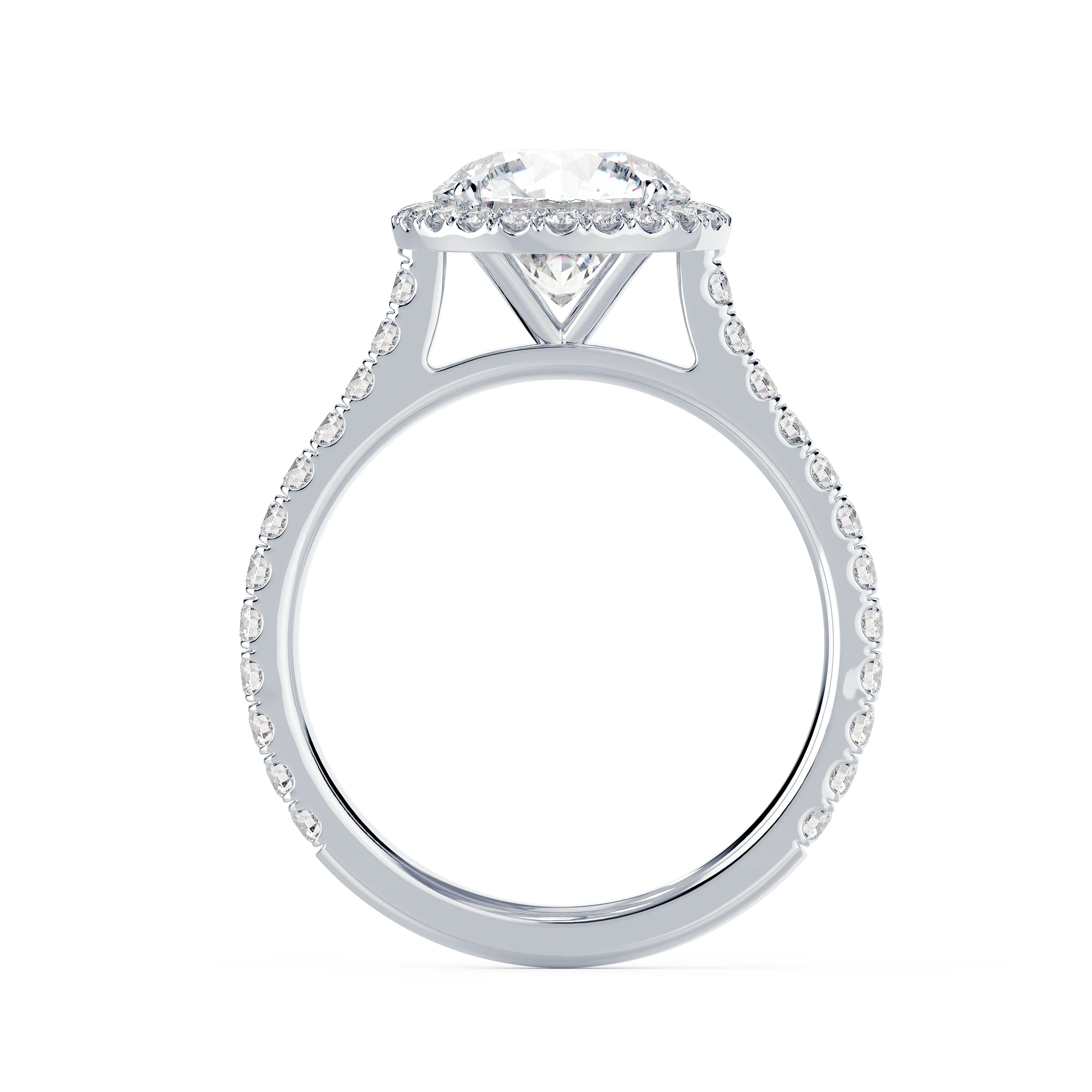 Exceptional Quality Lab Created Diamonds Round Halo Pavé Setting in White Gold (Profile View)