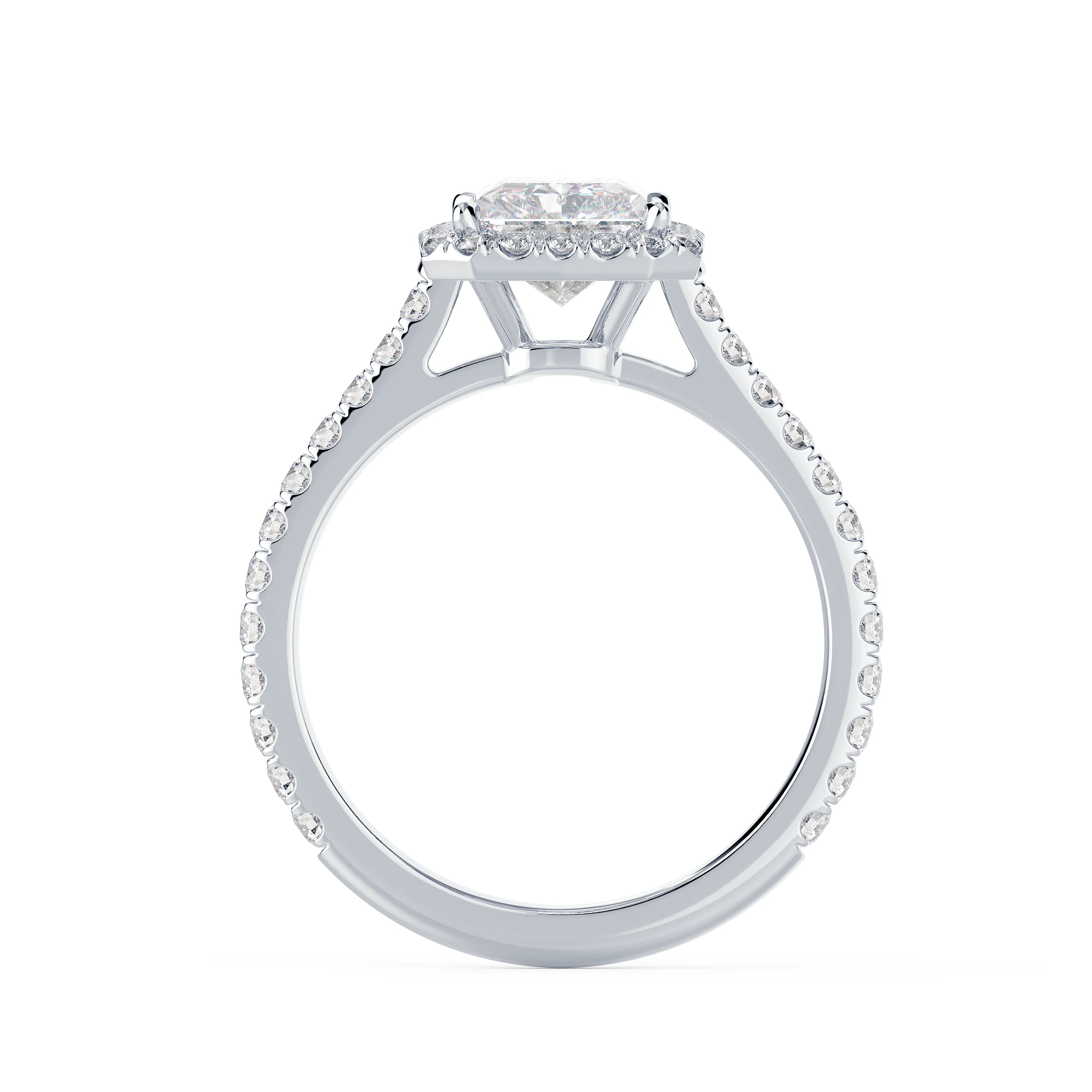 18k White Gold Radiant Halo Pavé Setting featuring High Quality 2.0 ct Diamonds (Profile View)