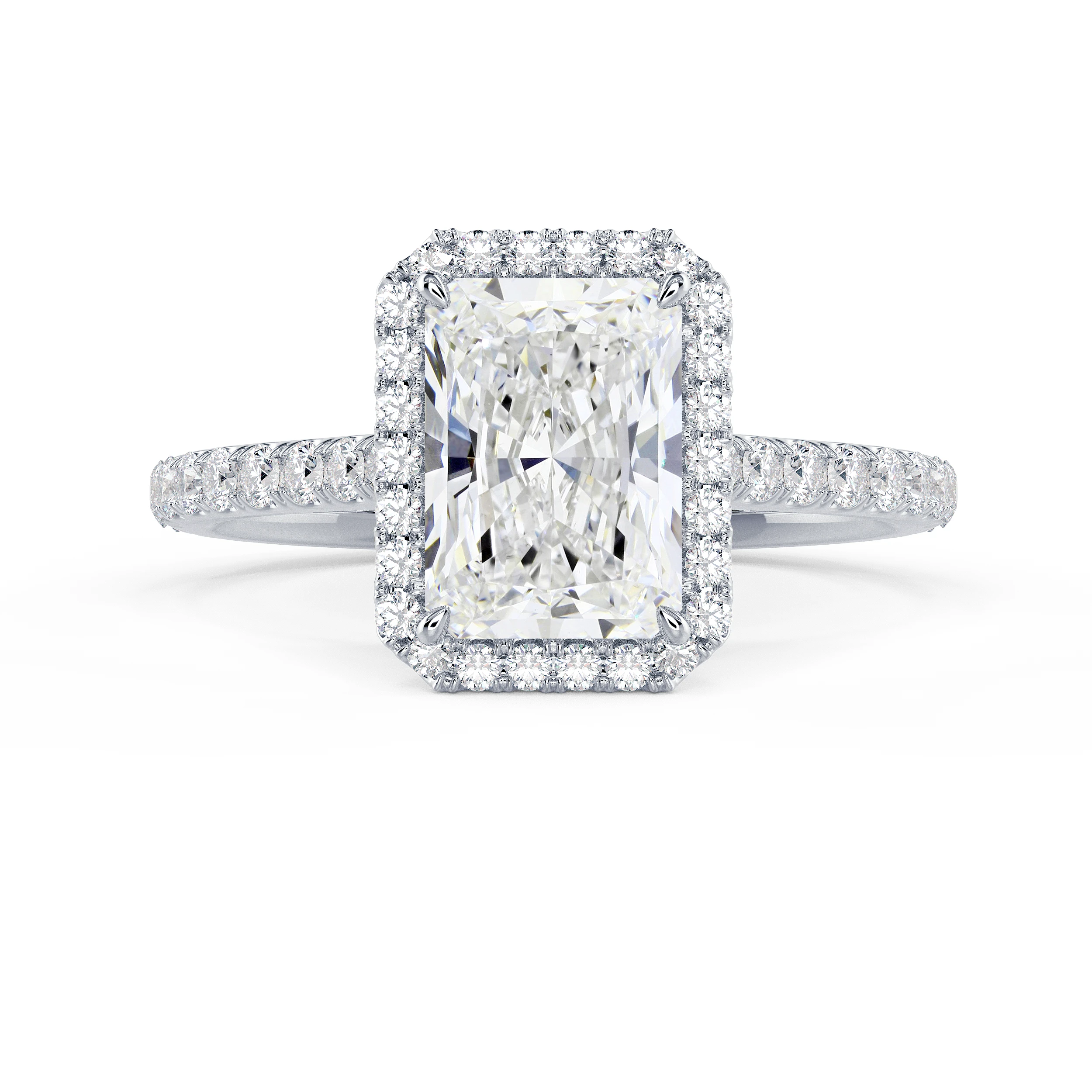 18k White Gold Radiant Halo Pavé Diamond Engagement Ring featuring 2.0 Carat Diamonds (Main View)