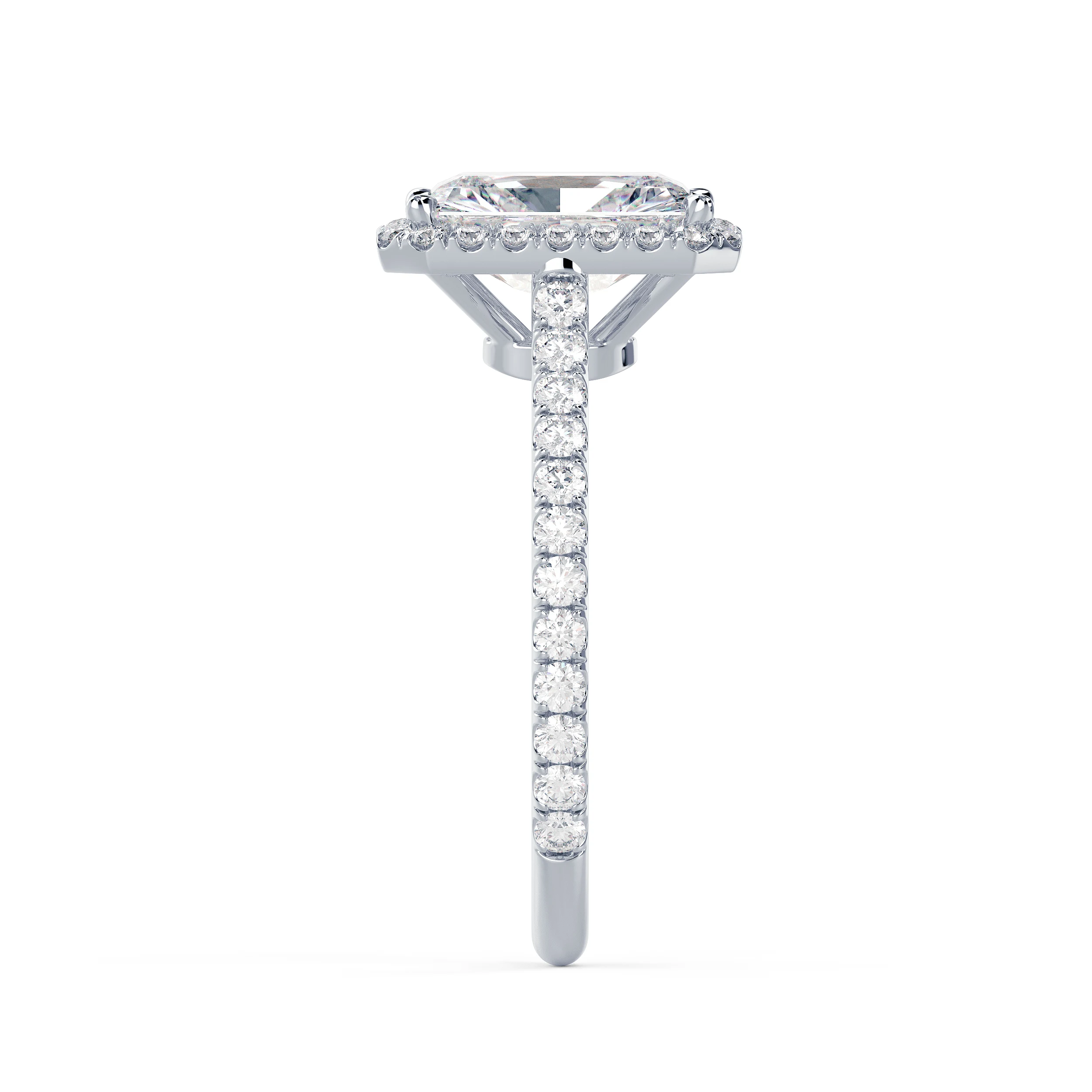 18k White Gold Radiant Halo Pavé Setting featuring 2.0 Carat Lab Diamonds (Side View)