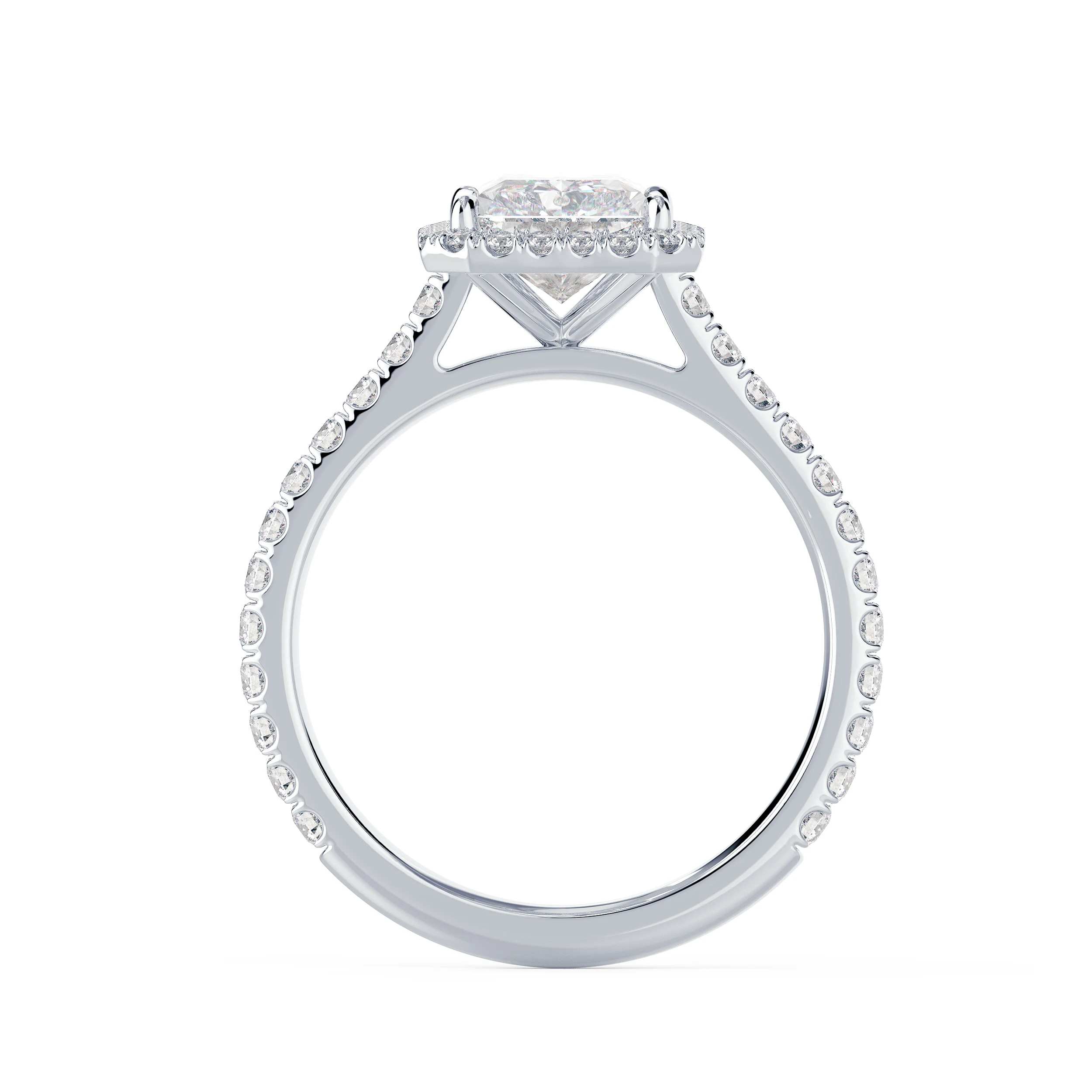 High Quality 2.0 Carat Man Made Diamonds set in 18k White Gold Radiant Halo Pavé Diamond Engagement Ring (Profile View)