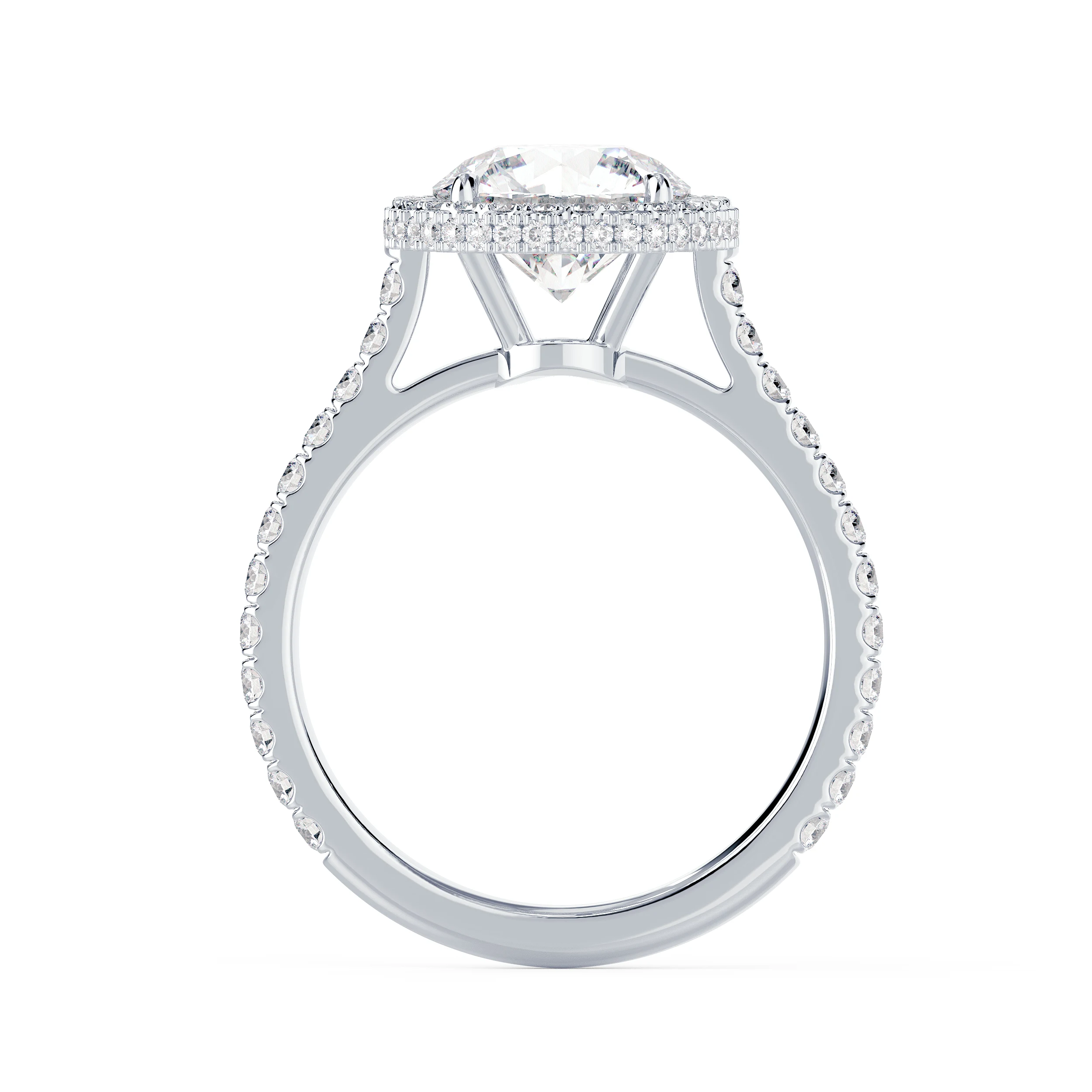 High Quality Man Made Diamonds set in White Gold Double Sided Halo Setting (Profile View)