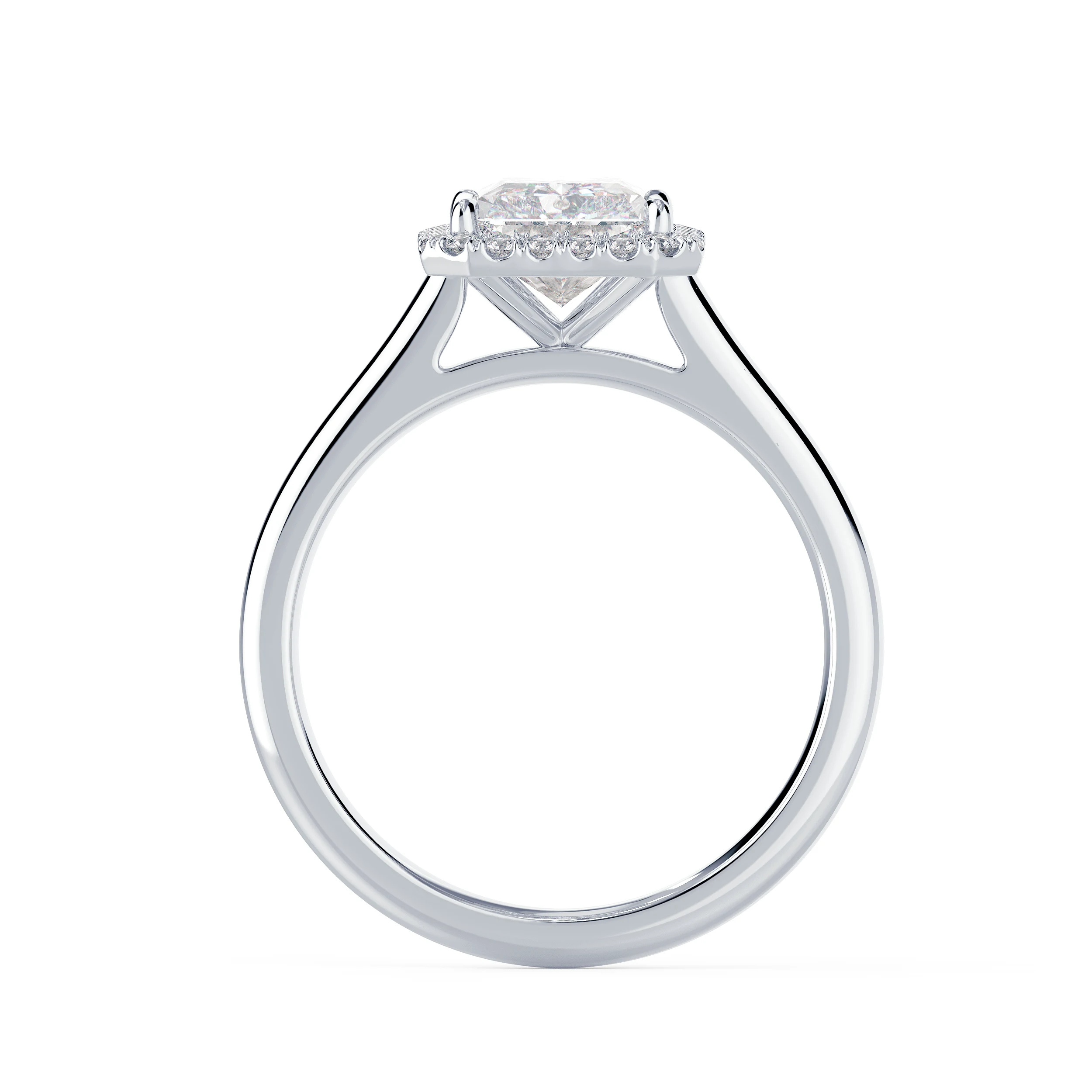 White Gold Radiant Single Halo Setting featuring Hand Selected Lab Diamonds (Profile View)