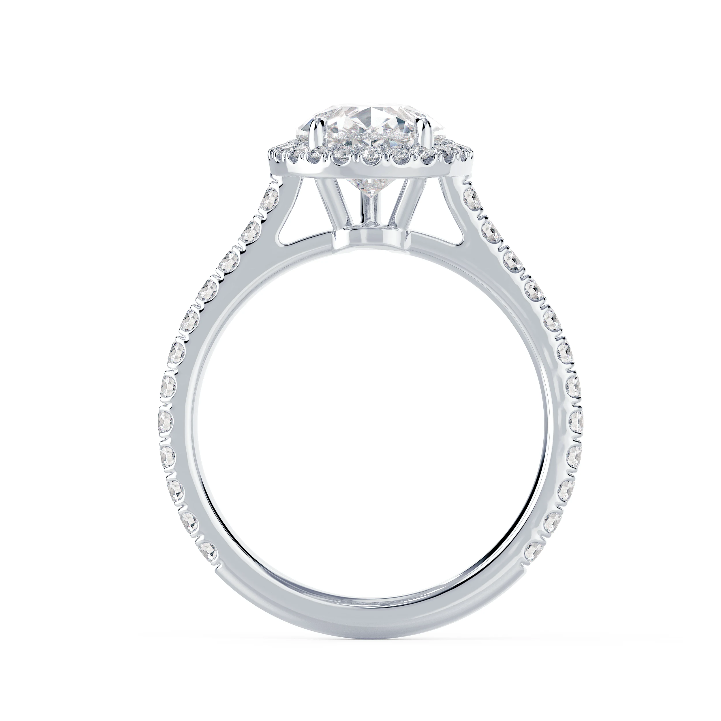 High Quality Lab Diamonds Pear Halo Pavé Diamond Engagement Ring in White Gold (Profile View)