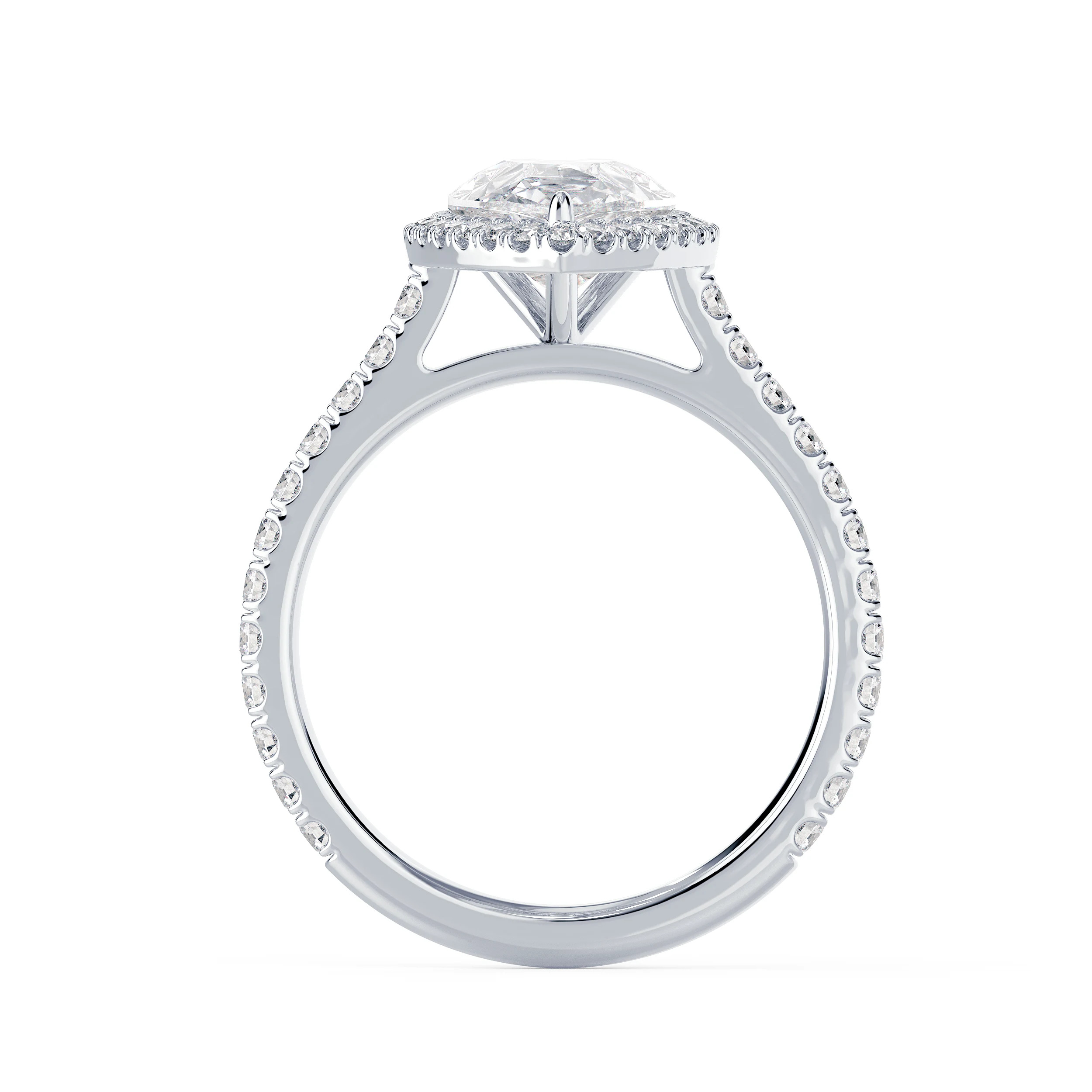 Hand Selected Diamonds set in White Gold Pear Halo Pavé Setting (Profile View)