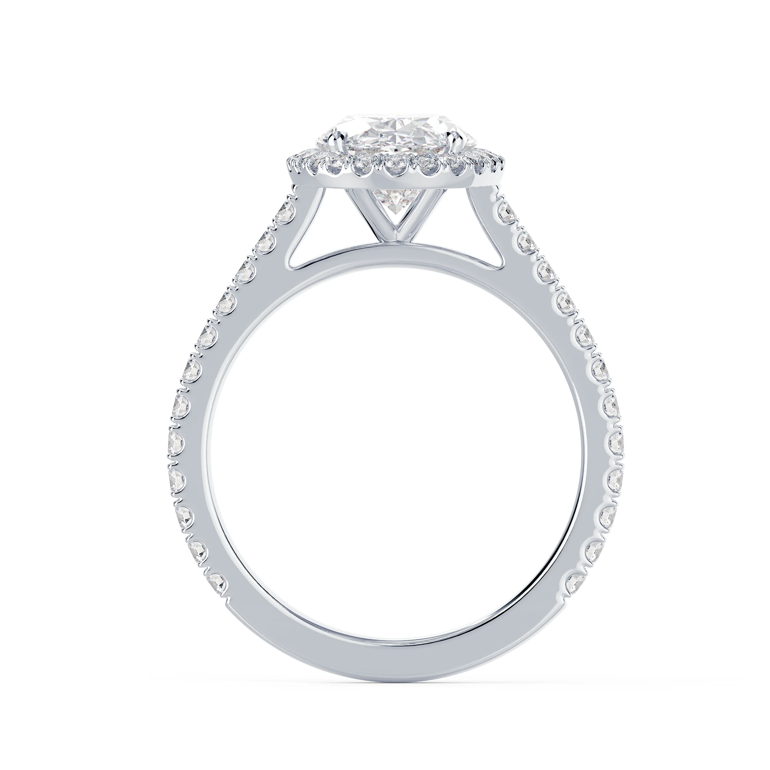Exceptional Quality Lab Diamonds set in White Gold Oval Halo Pavé Setting (Profile View)