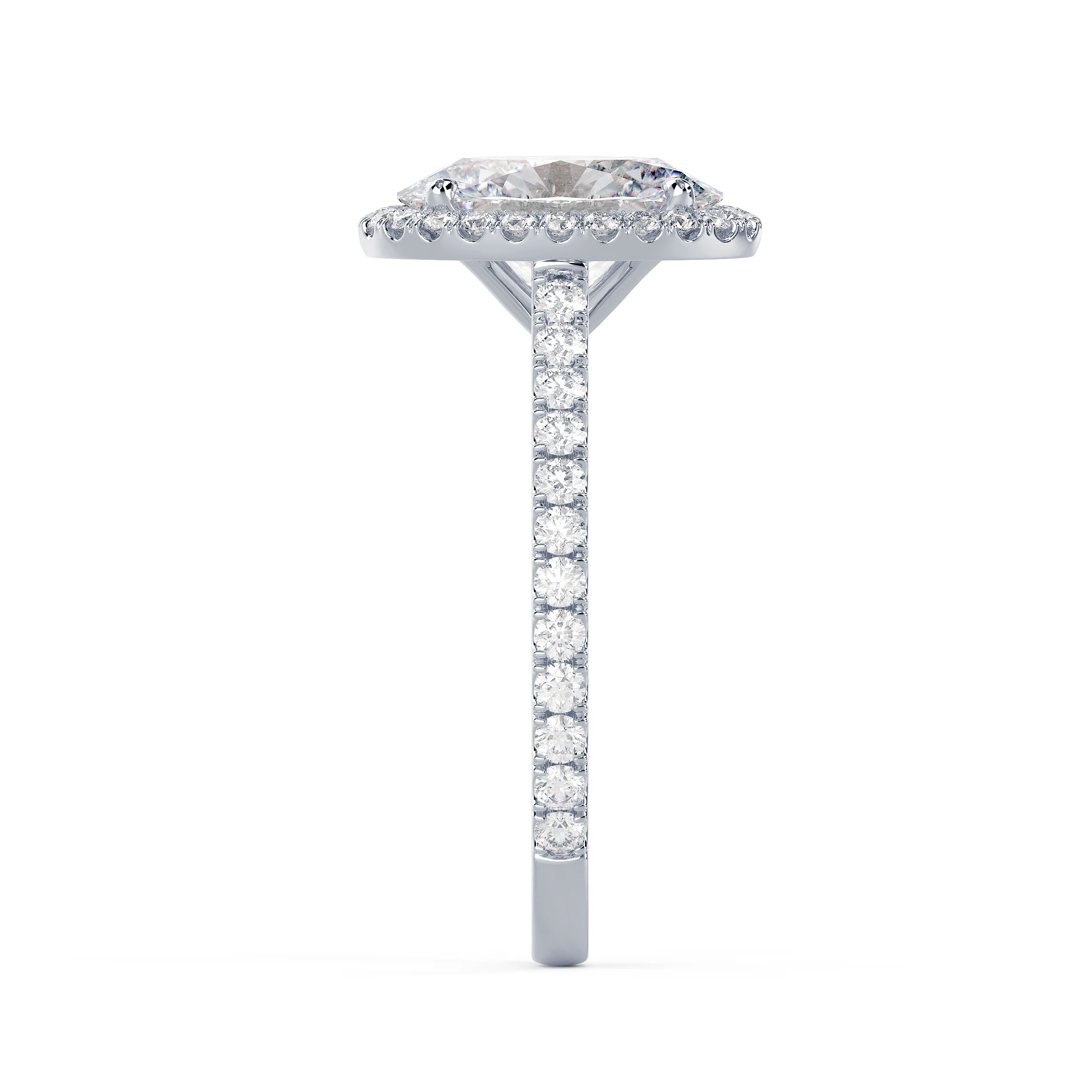 Lab Diamonds set in White Gold Oval Halo Pavé Diamond Engagement Ring (Side View)