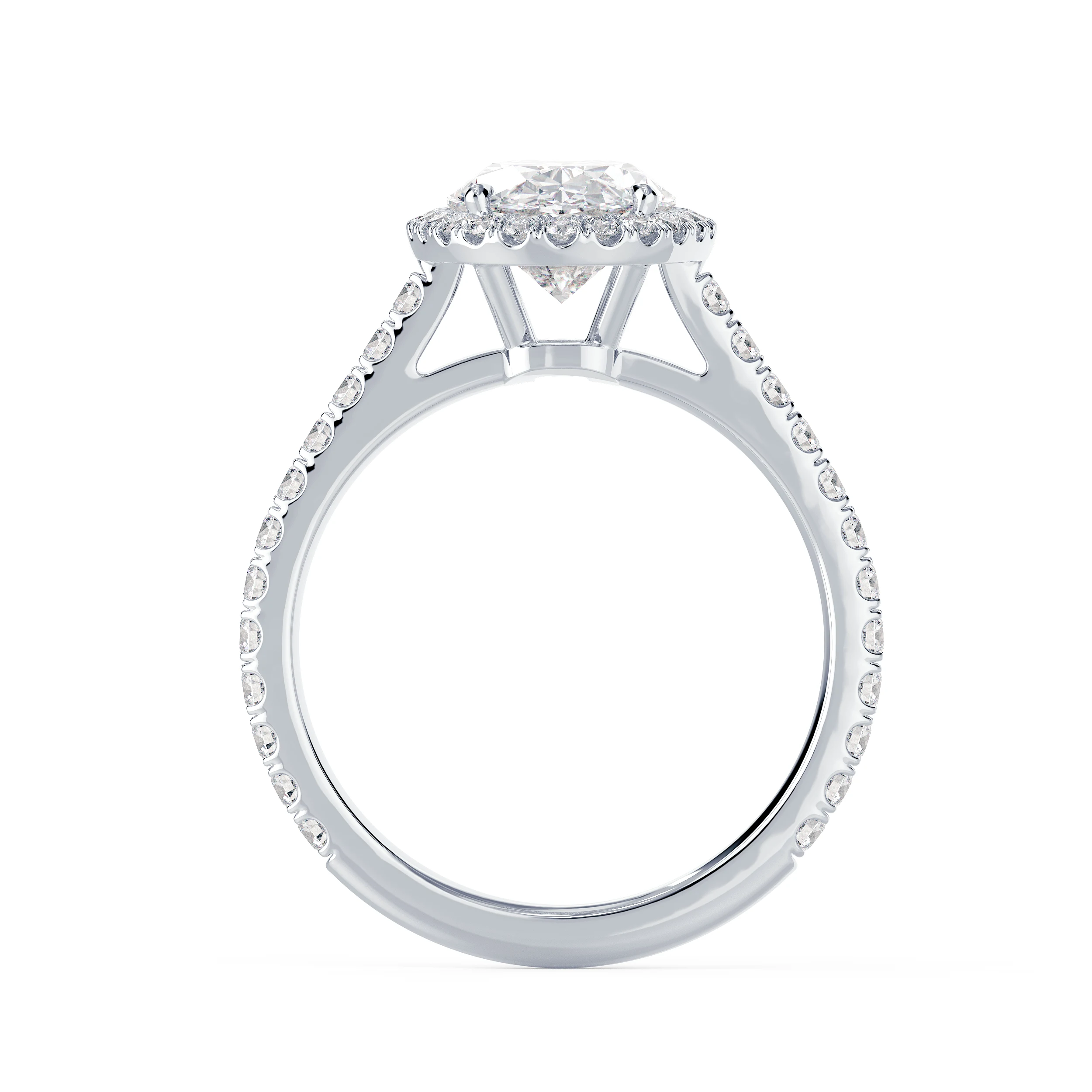 Lab Grown Diamonds Oval Halo Pavé Diamond Engagement Ring in White Gold (Profile View)
