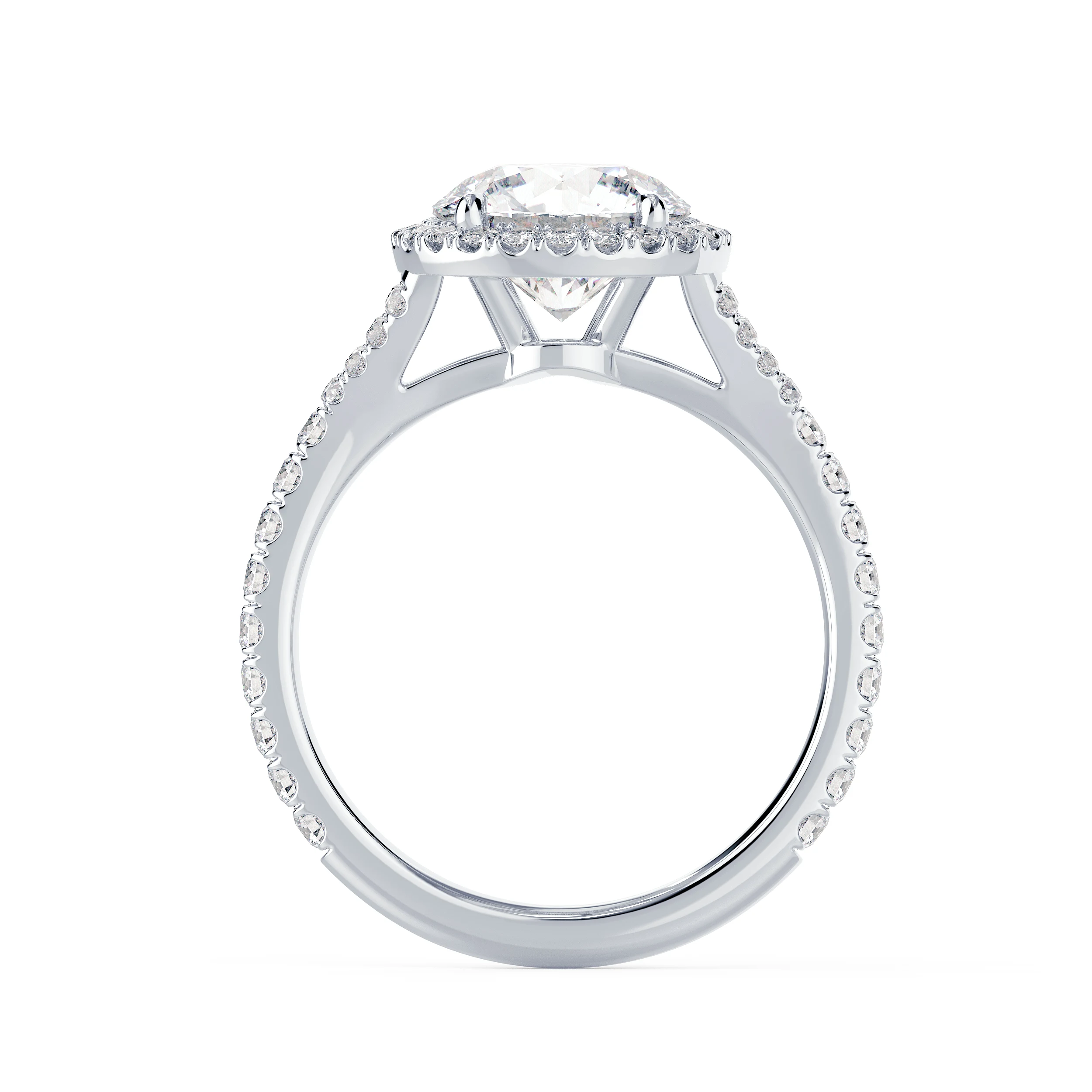 White Gold Single Halo Split Shank Setting featuring High Quality Synthetic Diamonds (Profile View)