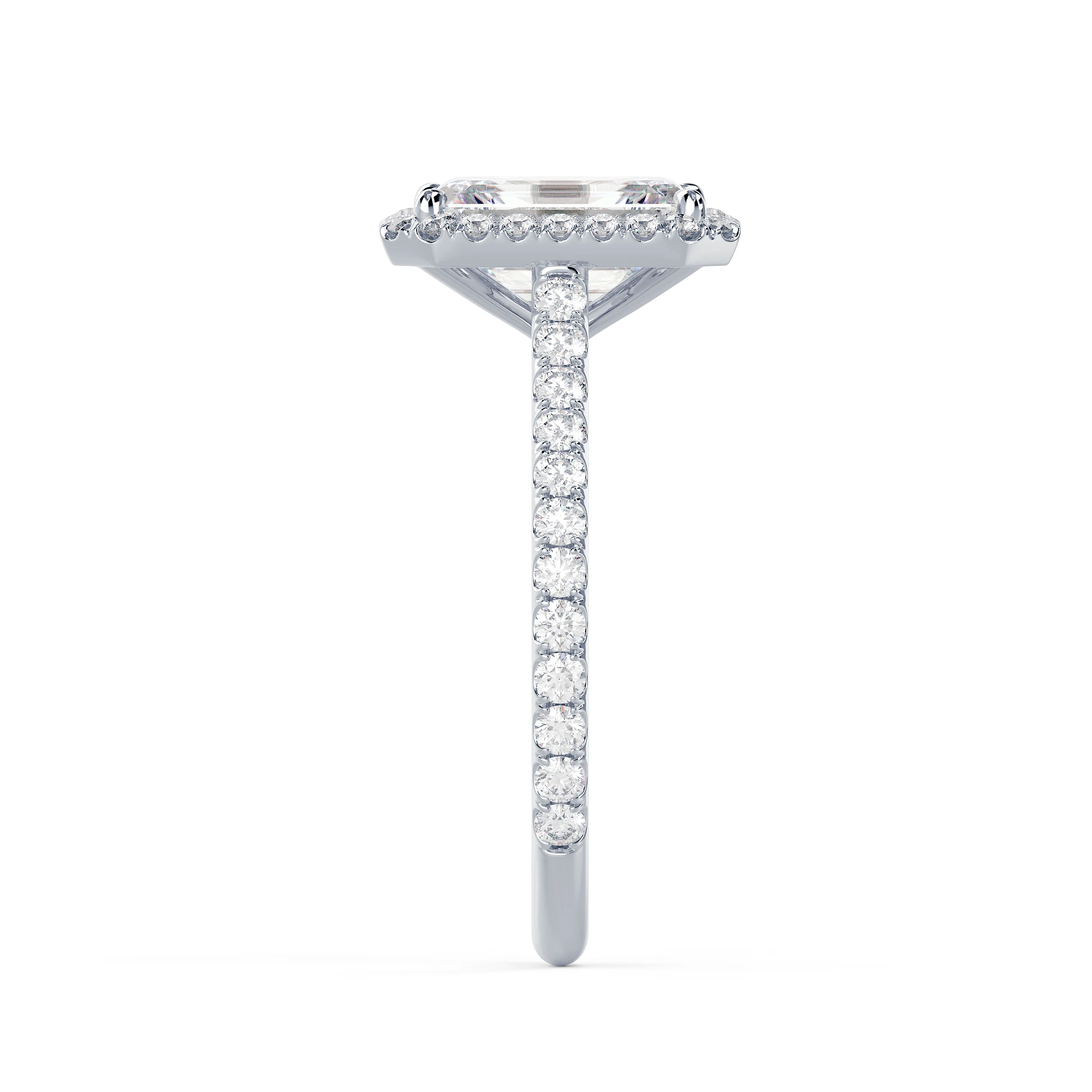White Gold Emerald Halo Pavé Setting featuring Exceptional Quality Lab Diamonds (Side View)
