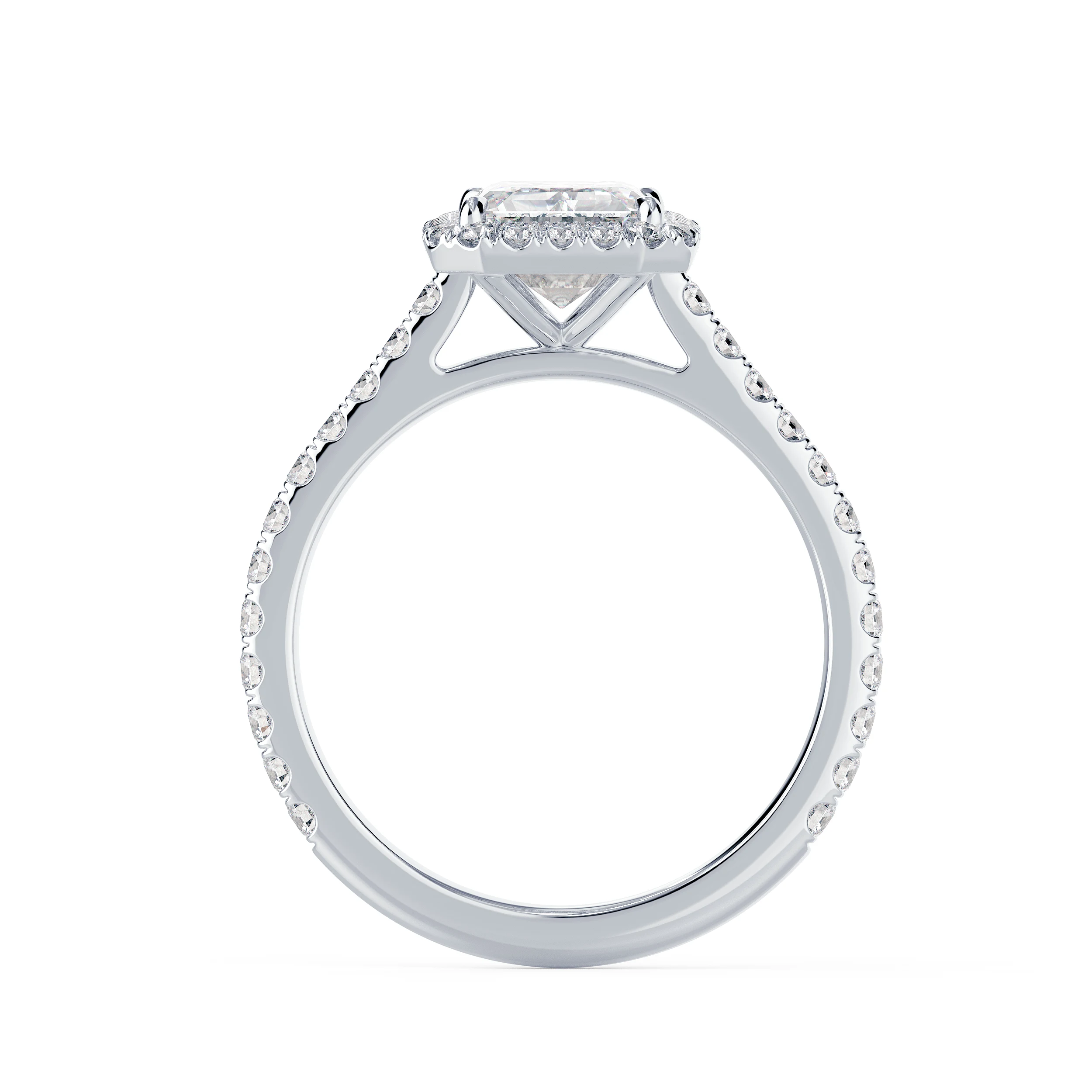 Hand Selected Lab Created Diamonds Emerald Halo Pavé Setting in White Gold (Profile View)