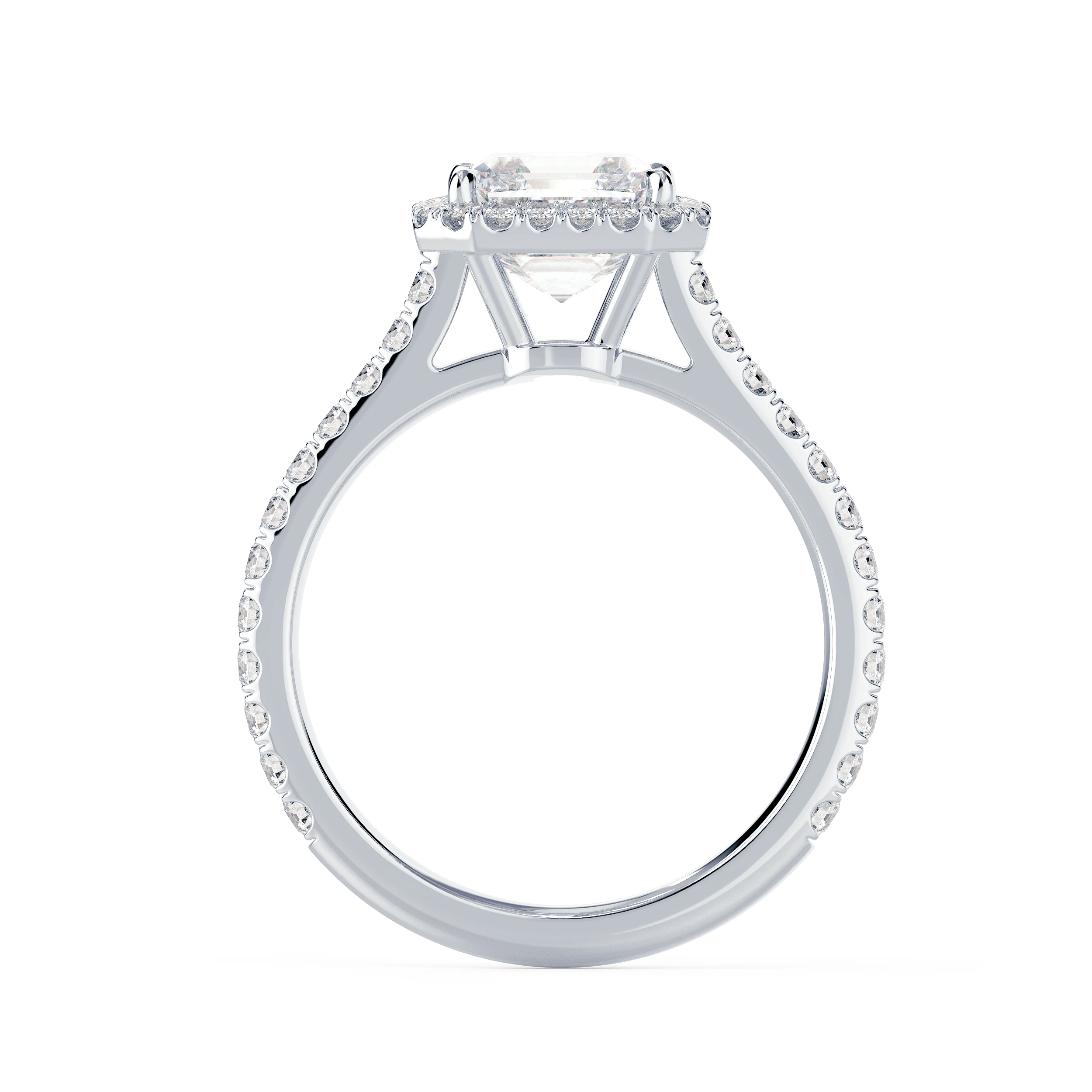 Lab Grown Diamonds set in White Gold Asscher Halo Pavé Diamond Engagement Ring (Profile View)