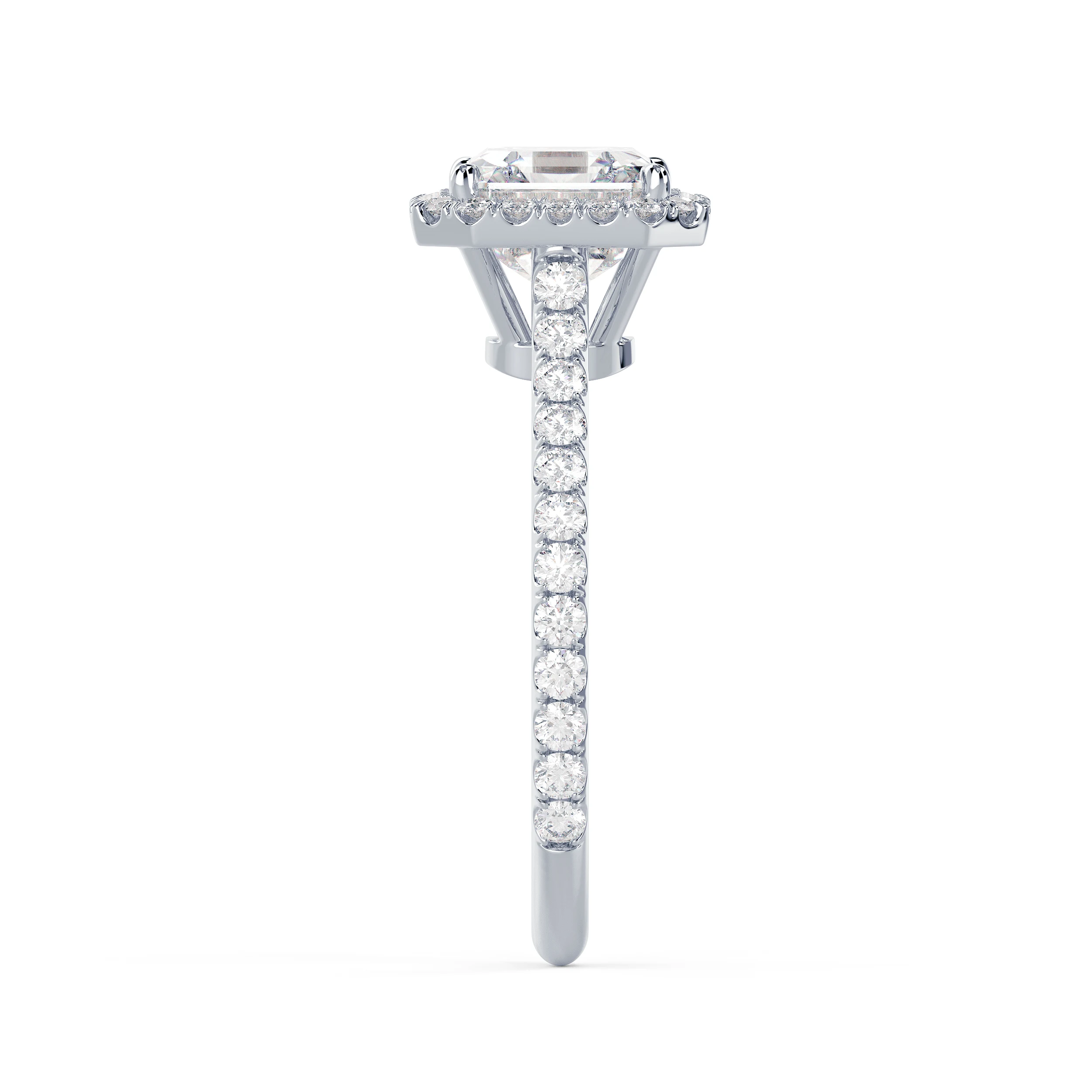 White Gold Asscher Halo Pavé Diamond Engagement Ring featuring Exceptional Quality Diamonds (Side View)