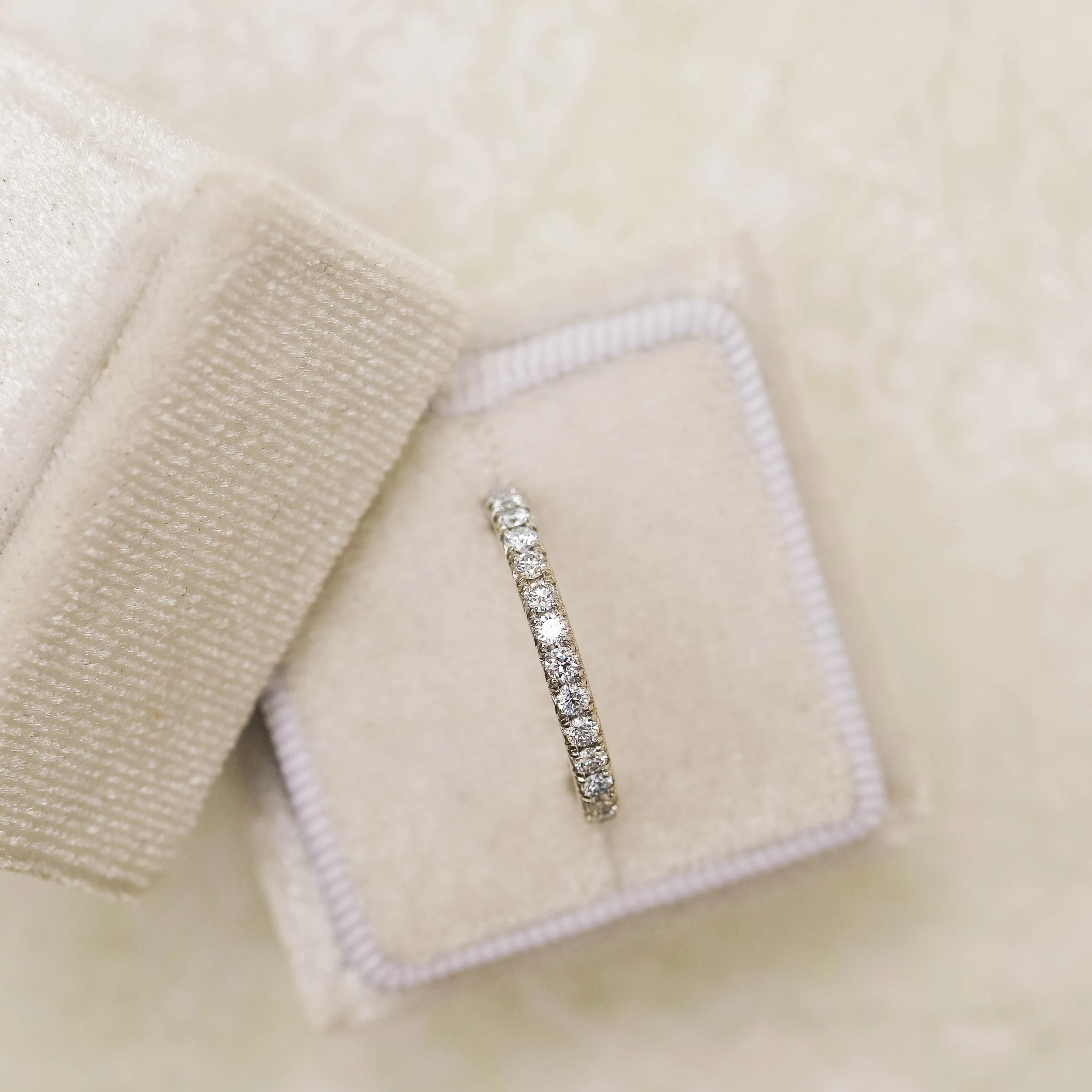 Hand Selected 0.6 Carat Round Synthetic Diamonds set in Platinum French Pavé Three Quarter Band (Side View)