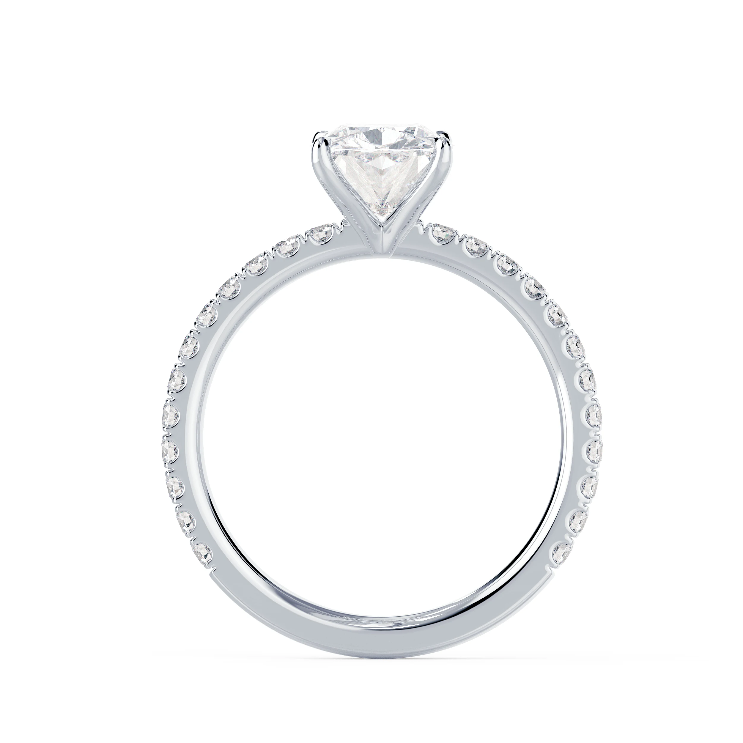 Diamonds Cushion Classic Four Prong Pavé Diamond Engagement Ring in White Gold (Profile View)