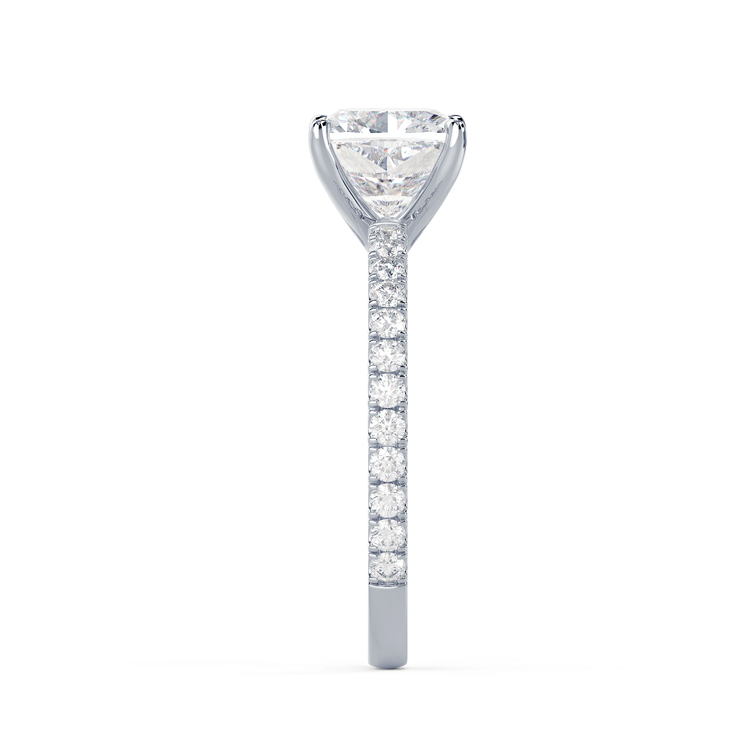 Diamonds Cushion Classic Four Prong Pavé Setting in White Gold (Side View)