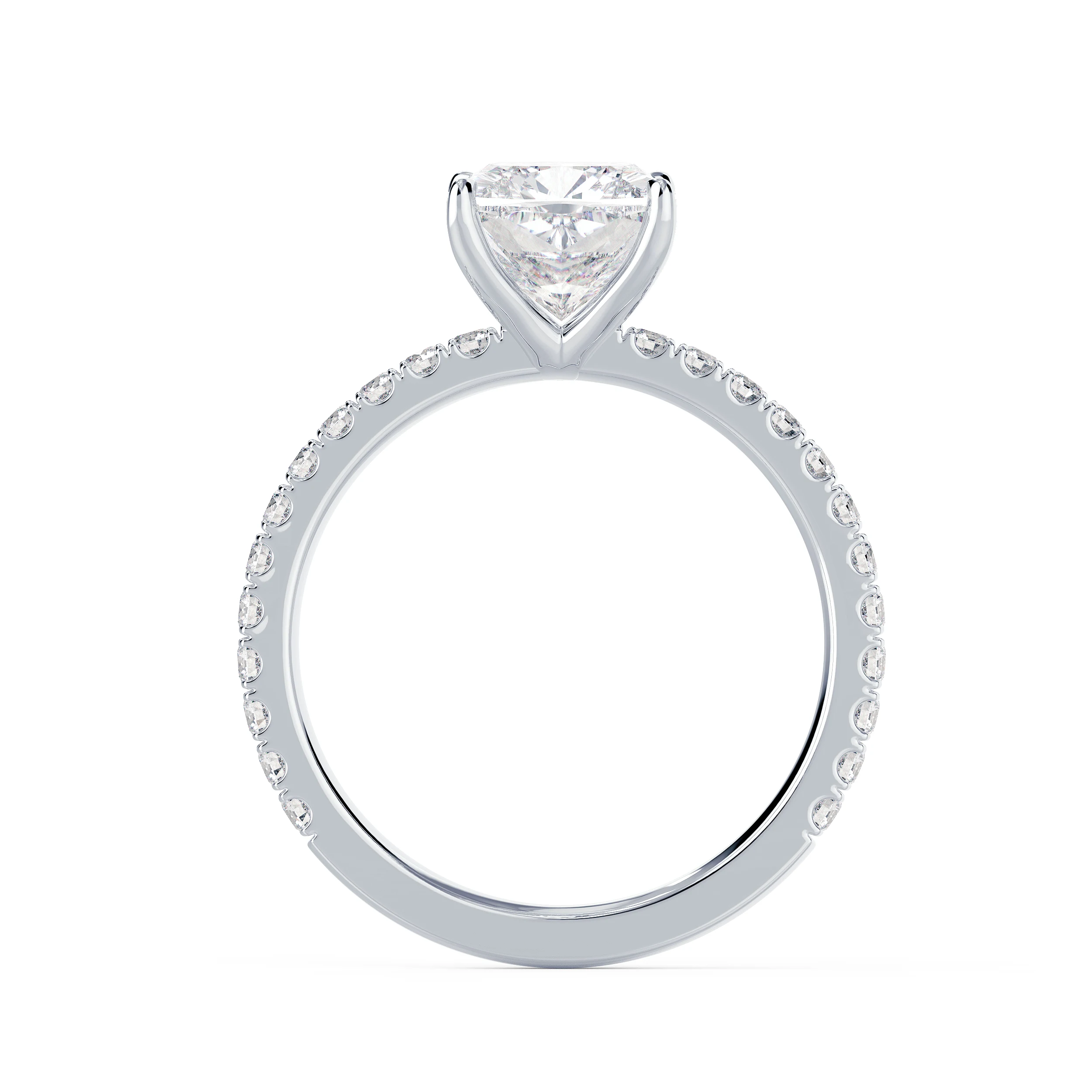 White Gold Cushion Classic Four Prong Pavé Diamond Engagement Ring featuring Hand Selected Lab Created Diamonds (Profile View)