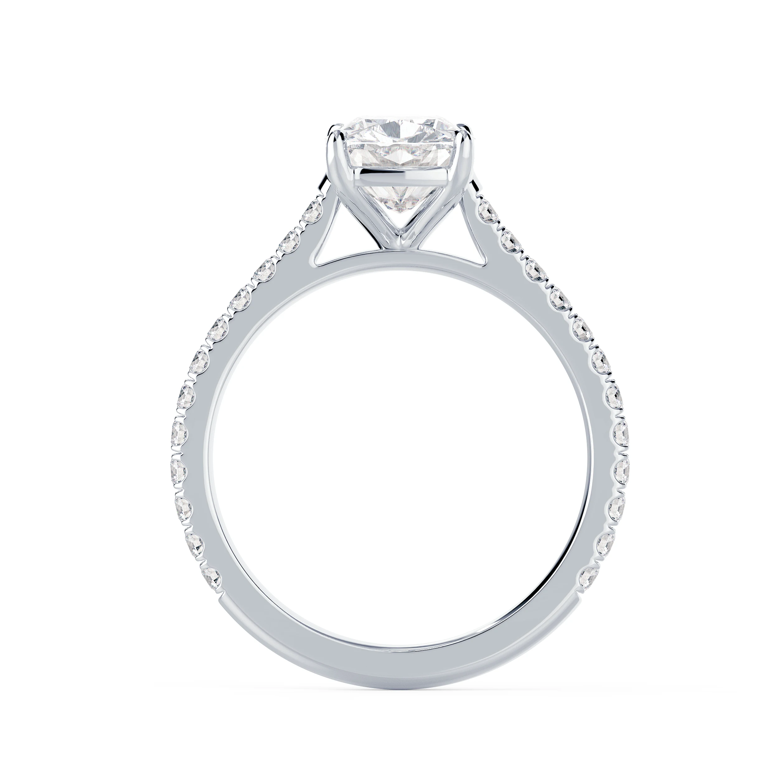 Exceptional Quality Lab Grown Diamonds set in White Gold Cushion Cathedral Pavé Diamond Engagement Ring (Profile View)