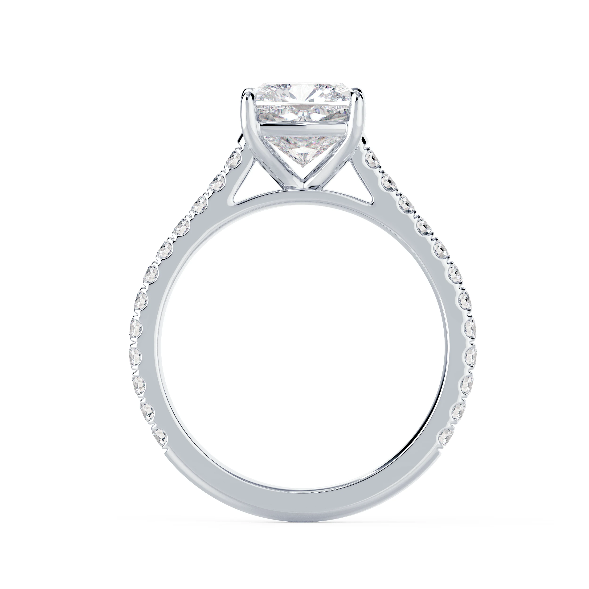 High Quality Diamonds Cushion Cathedral Pavé Setting in White Gold (Profile View)