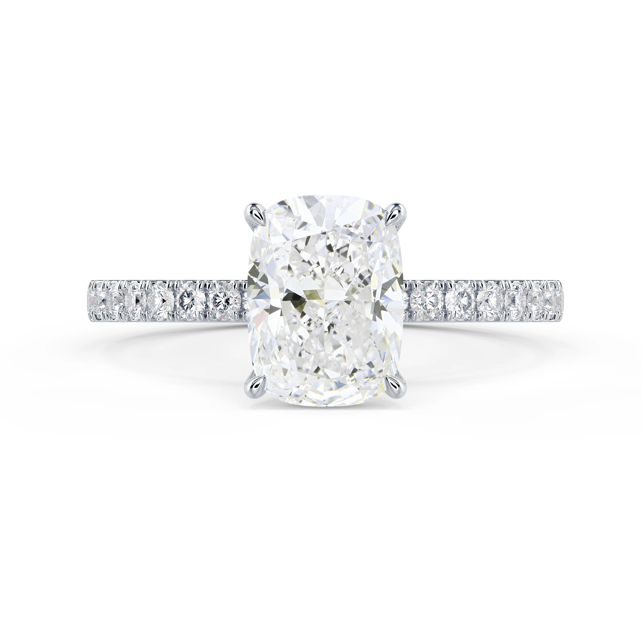 Created Diamonds Cushion Petite Four Prong Pavé Diamond Engagement Ring in White Gold (Main View)