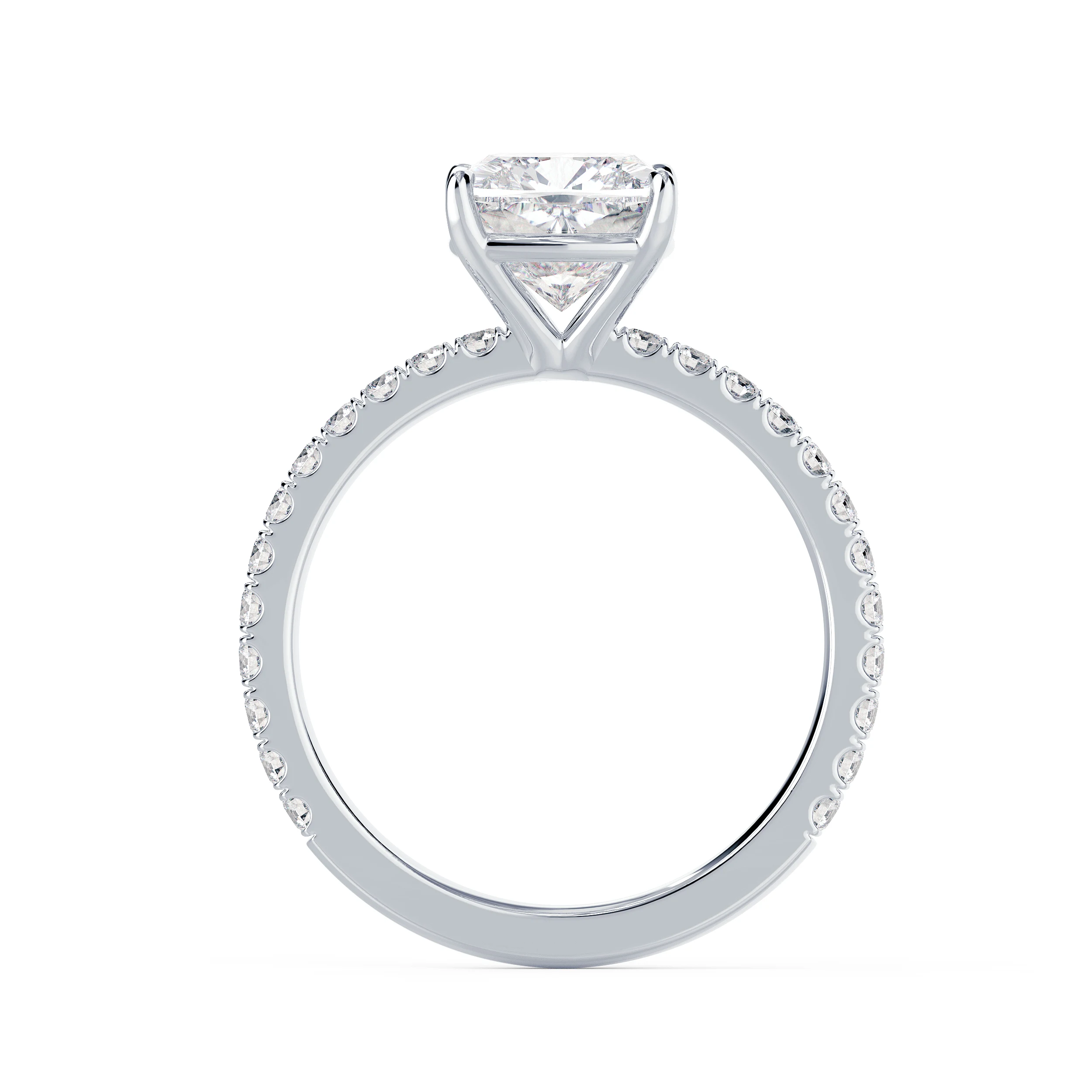 High Quality Lab Diamonds set in White Gold Cushion Petite Four Prong Pavé Setting (Profile View)