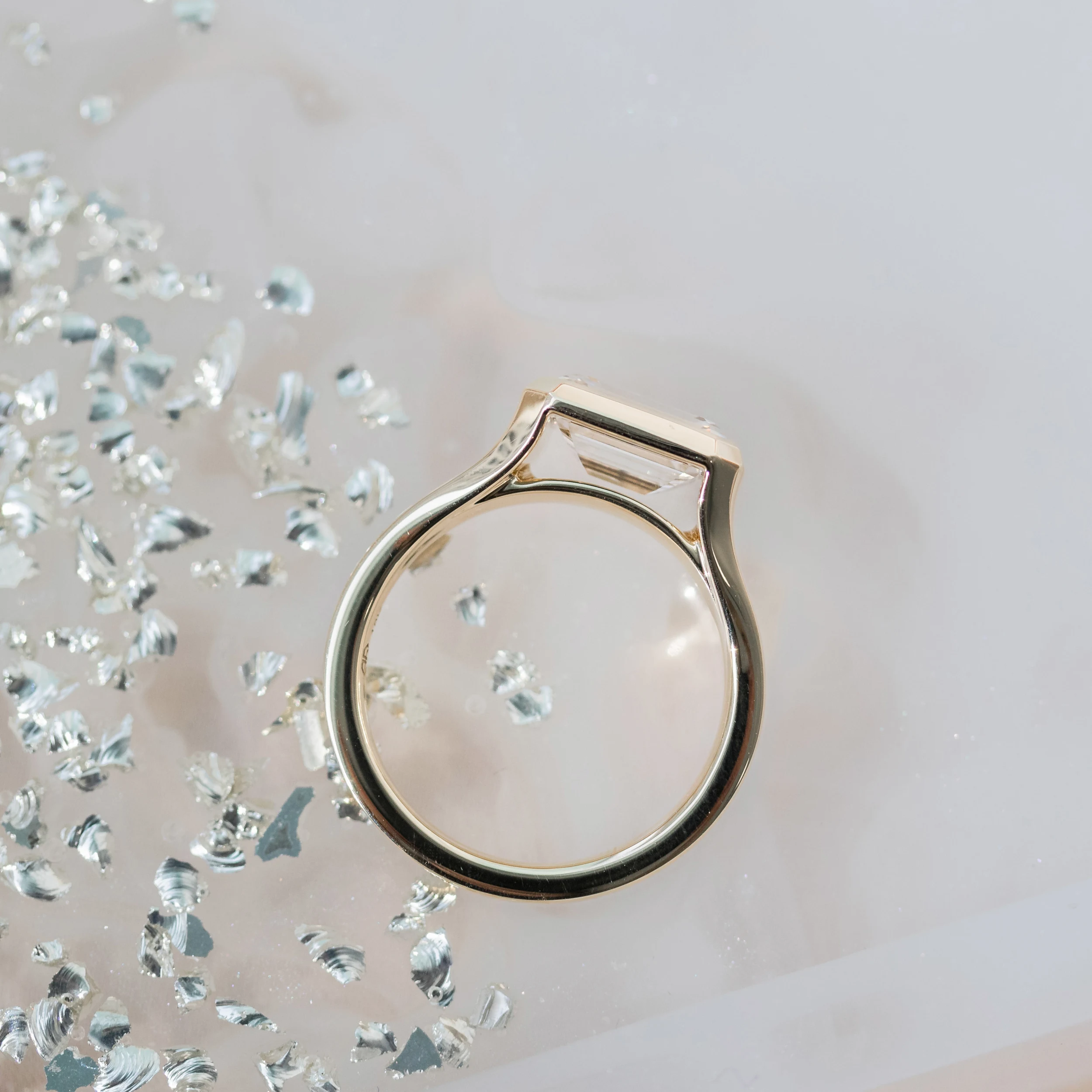 Emerald Cut Lab Diamond set in Men's Bezel Ring 18k yellow gold (Profile View)