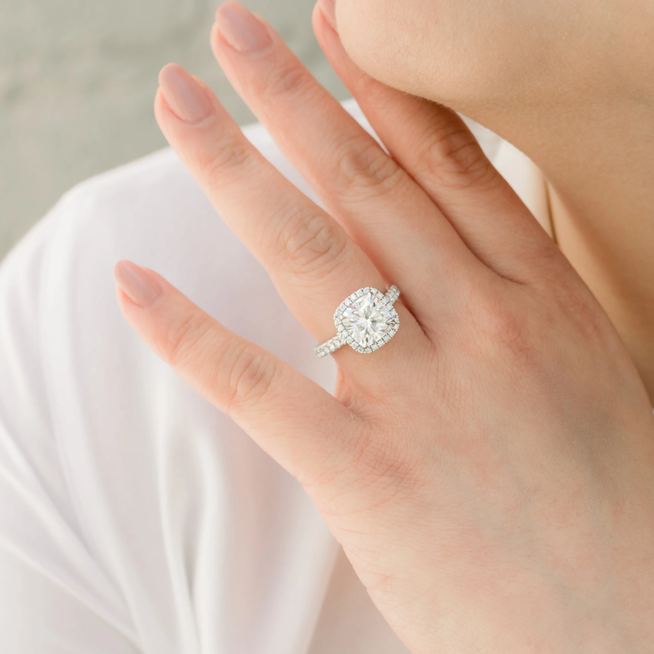 Platinum Cushion Halo Pavé Diamond Engagement Ring featuring Lab Grown Diamonds (Profile View)