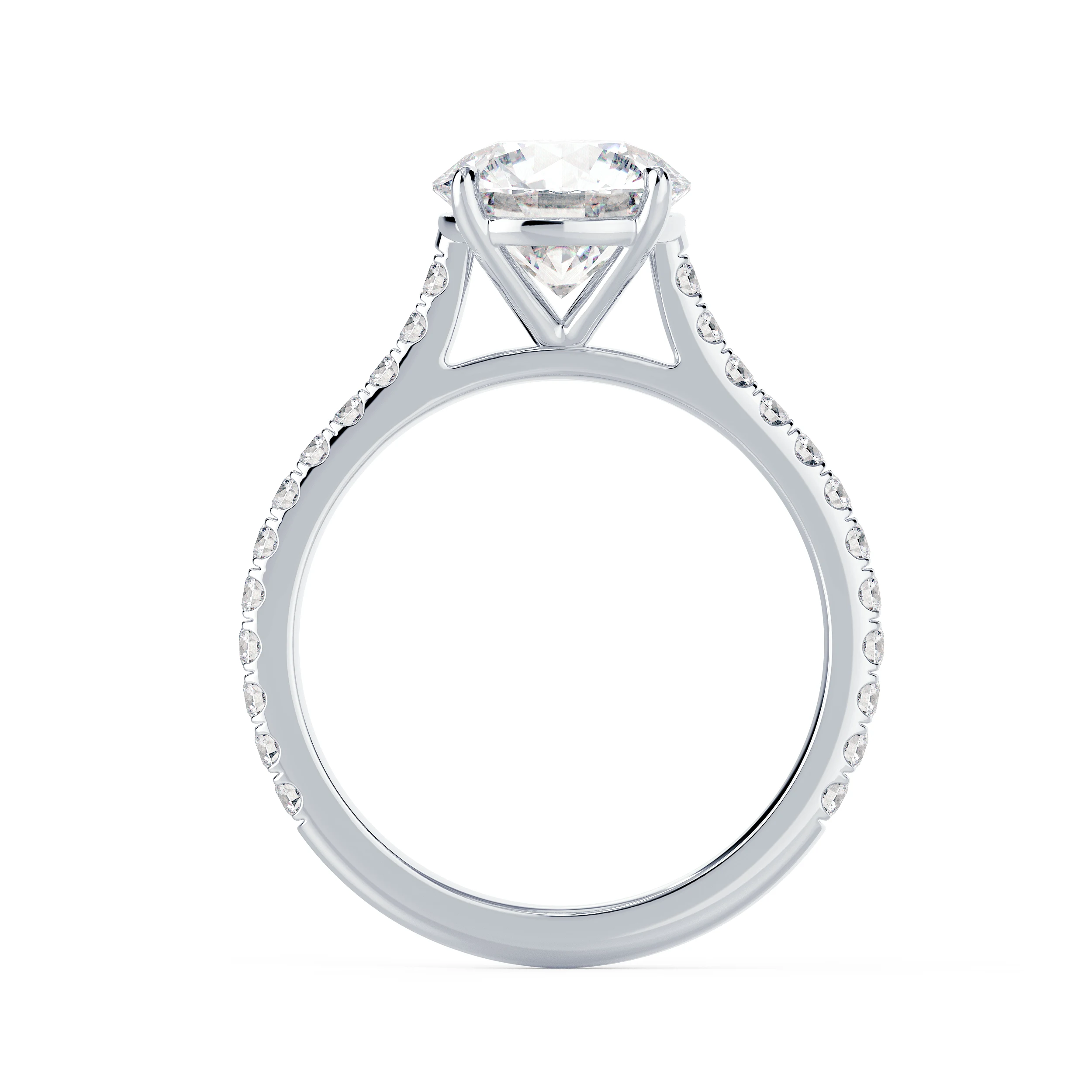 Lab Created Diamonds set in White Gold Round Diamond Cathedral Pave Engagement Ring (Profile View)