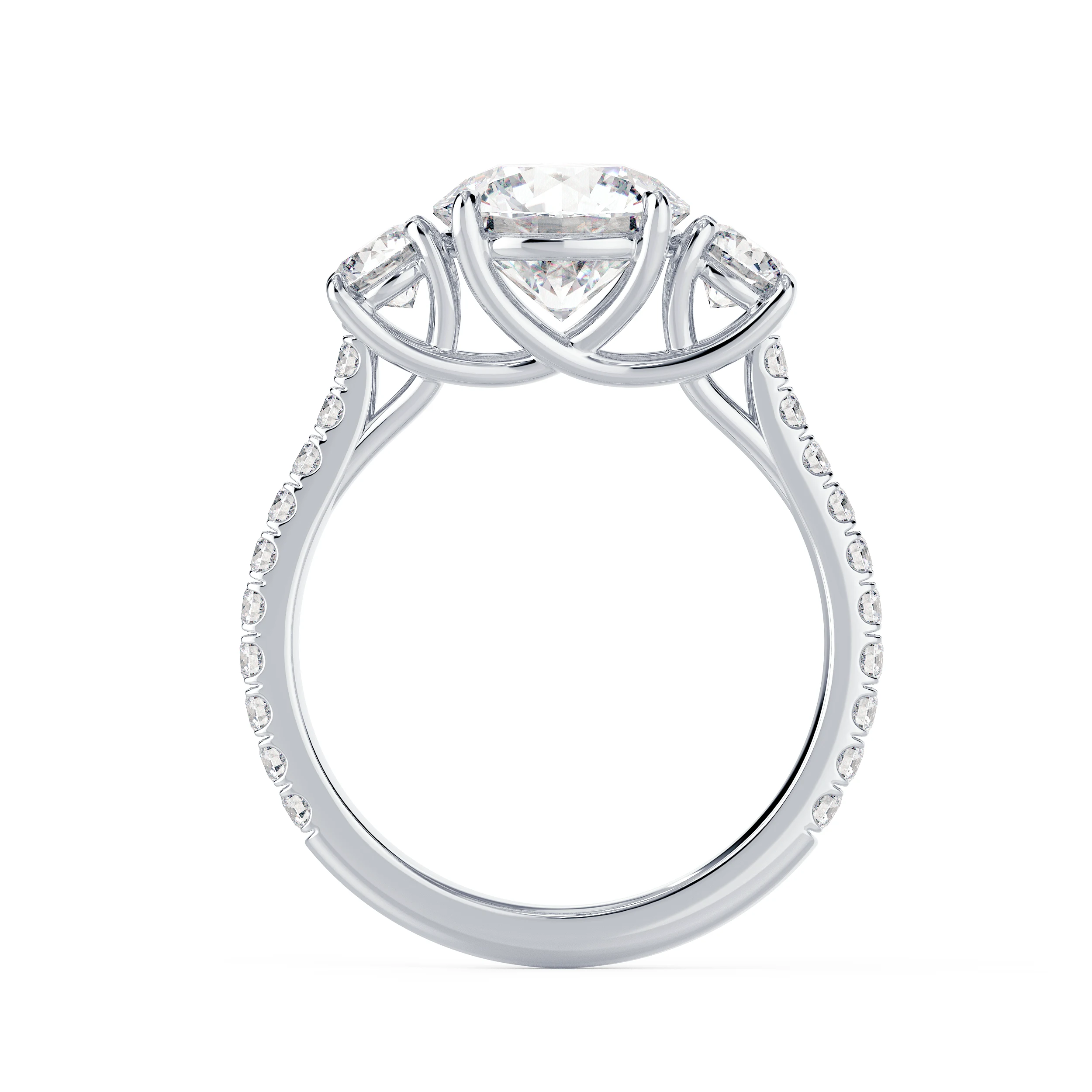 White Gold Round Three Stone Pavé Diamond Engagement Ring featuring Hand Selected Diamonds (Profile View)