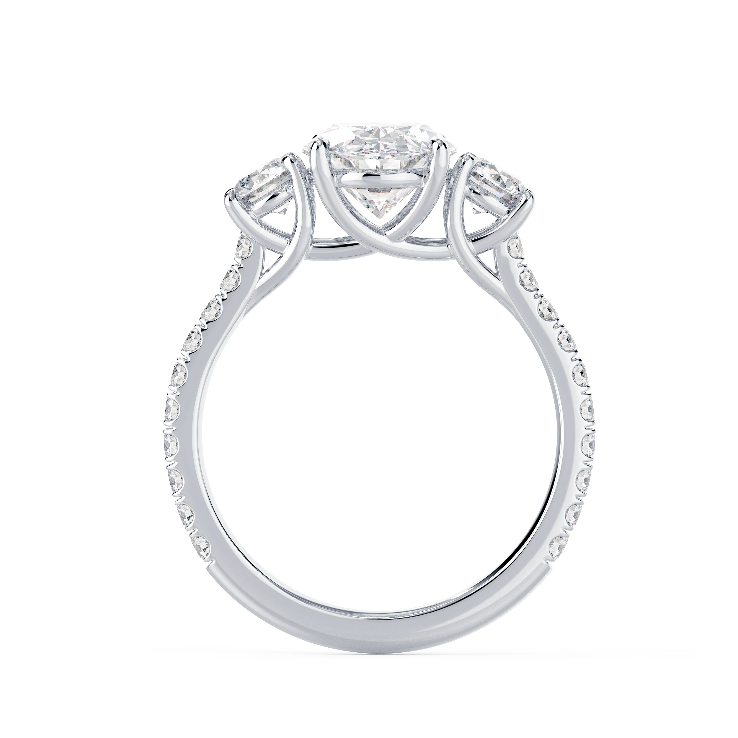 Lab Diamonds set in White Gold Oval and Round Three Stone Pavé Setting (Profile View)