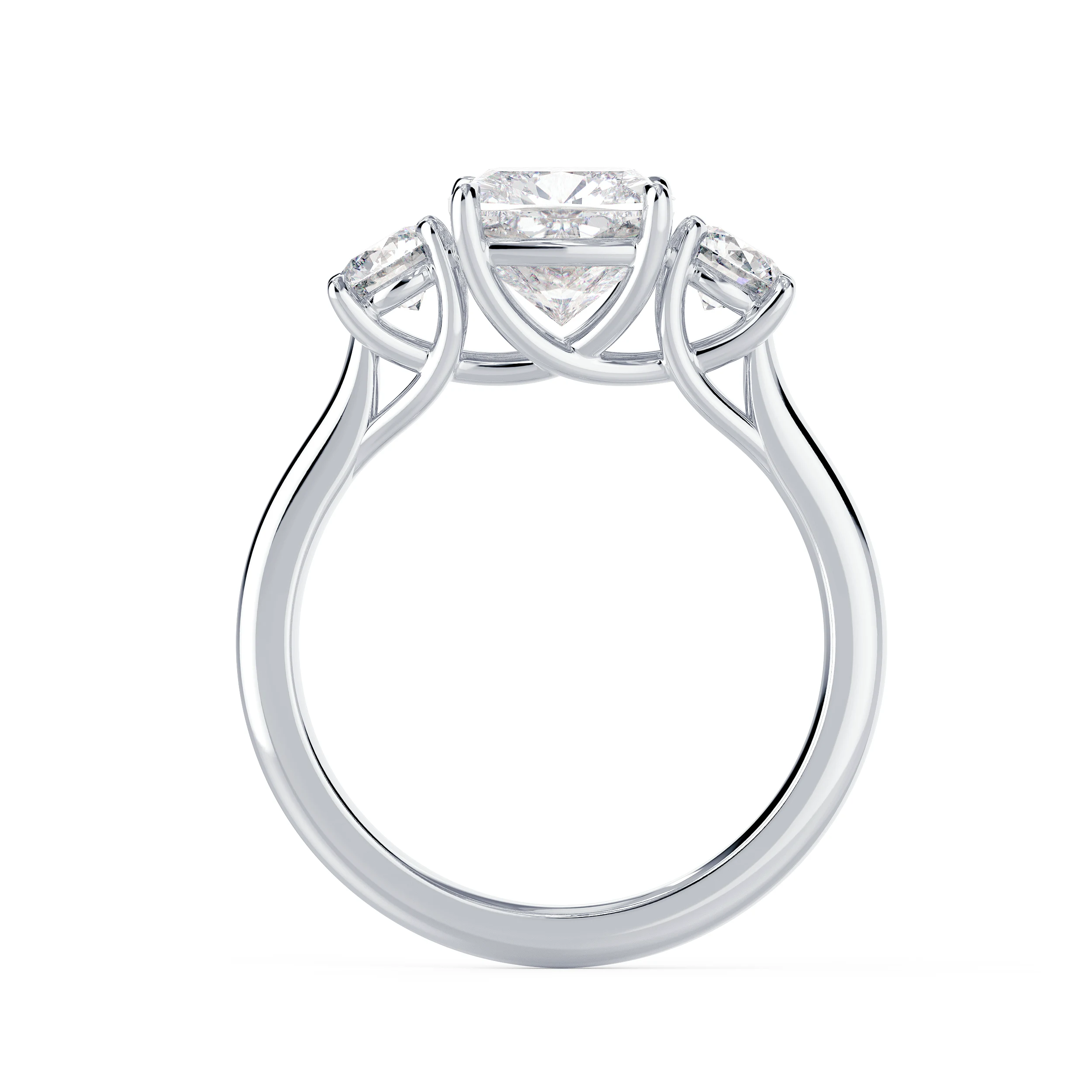 White Gold Cushion and Round Diamond Engagement Ring featuring High Quality Man Made Diamonds (Profile View)