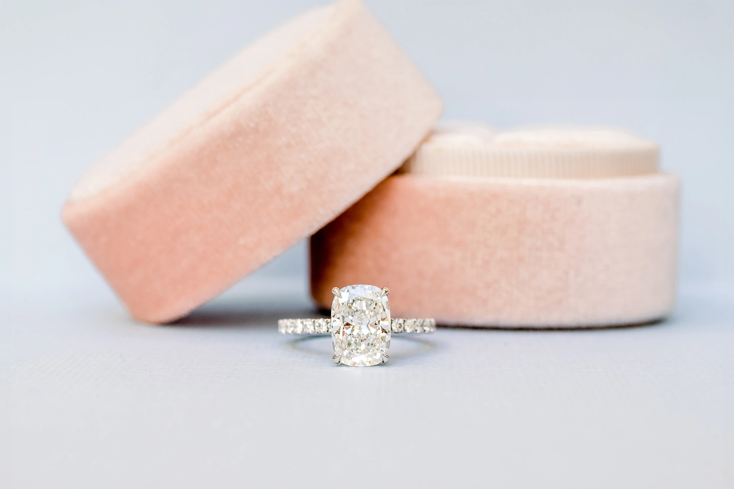 3.0 Carat Man Made Diamonds set in Platinum Cushion Petite Four Prong Pavé Diamond Engagement Ring (Main View)