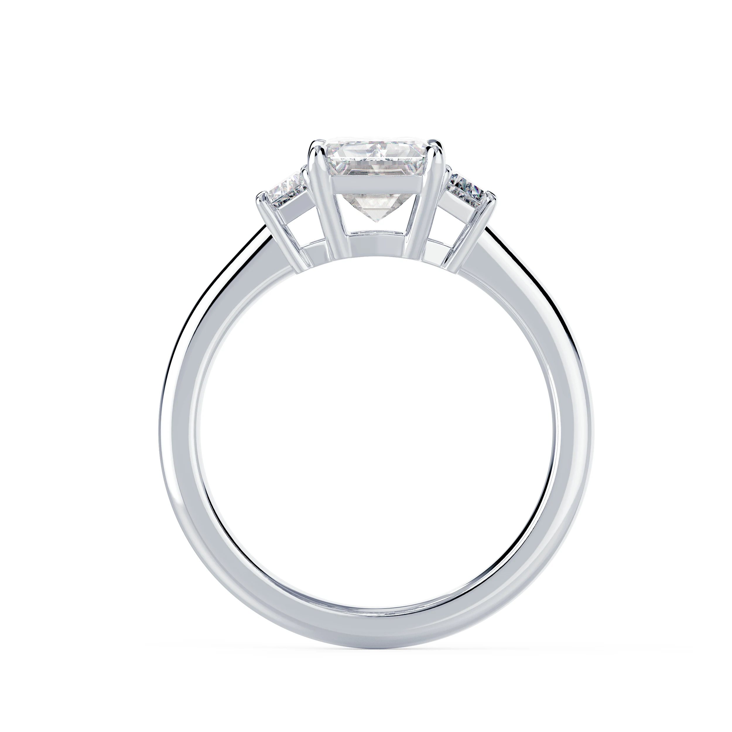 Lab Diamonds Emerald and Trapezoid Diamond Engagement Ring in White Gold (Profile View)